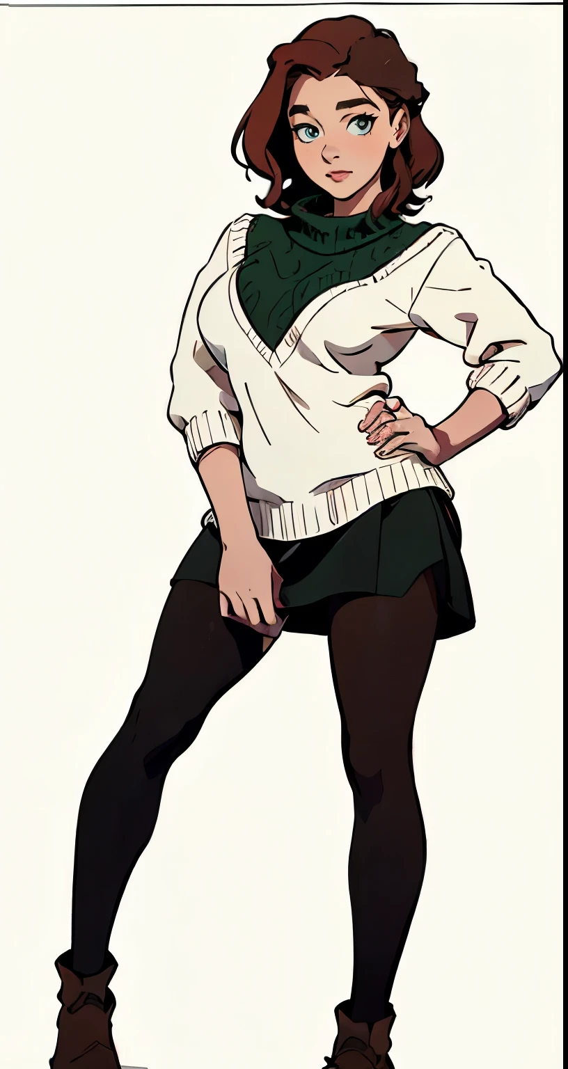 masterpiece, best quality, full body,1girl,the highest image quality, 30-year-old mature woman, looks like Emilia Clarke with brown skin, red hair, short brown hair, light brown eyes, large green sweater and black skirt and black leggings, White background, empty background whole body , standing normally, happy expression