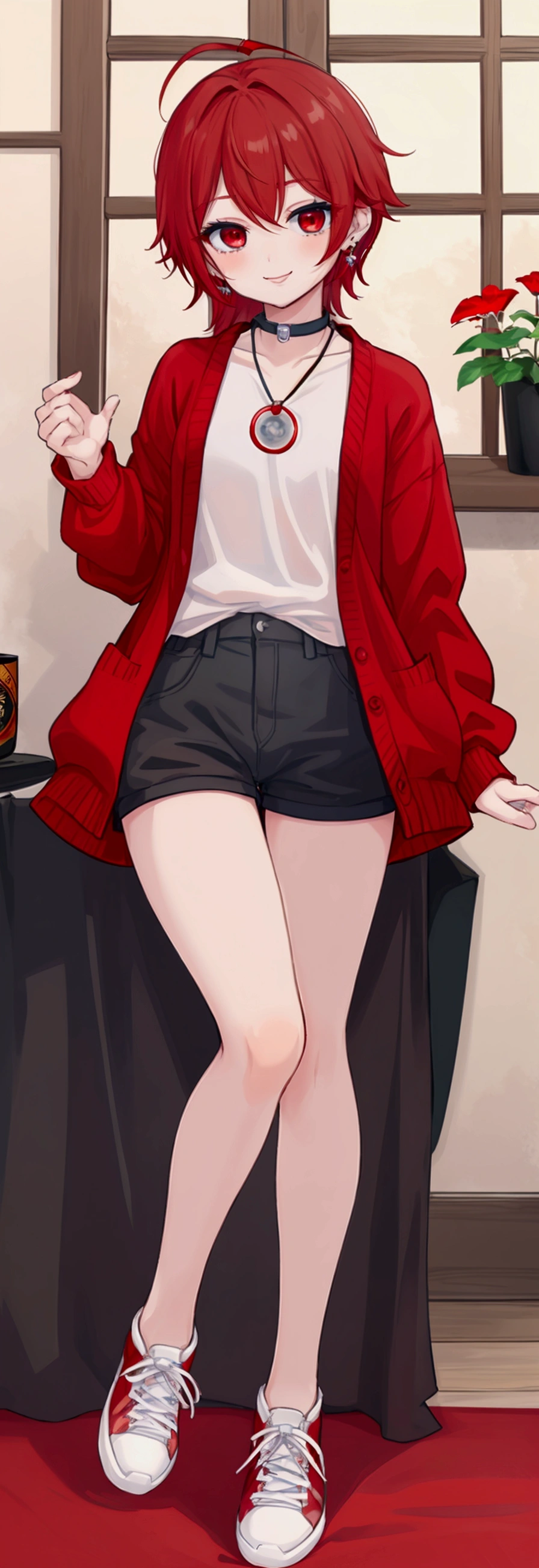 boy, 短い明るいRed hair, Grey Eyes, Expressive eyes, White skin, A kind smile,Beautiful Hands,Earrings、1人のboy、Red eyes、Red hair、Medium Hair、、cardigan、hot pants、Highest quality、cute、whole body、sneakers