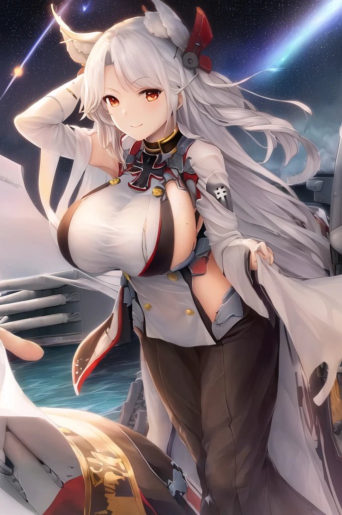 ((prince_EUGENE_azurlane:1.5)),((独奏, 1girl)) ((masterpiece,Highest quality,Highly detailed images,Beautiful images、Realistic、Dutch Angle)),(Top-down angle image)、 (Bright lighting overall、Backlight、A fantastic atmosphere、Thick Fog、Dust flutters),(Sexy pose、sideboob、huge breasts, Place your hands behind your back:1.5、Leaning forward、Charming smile), ((Mysterious night sky、shooting star、Stars Shining、Ocean))、Black sleeves、Emphasize the chest、Looking up、Hands behind the body、Leaning forwardに