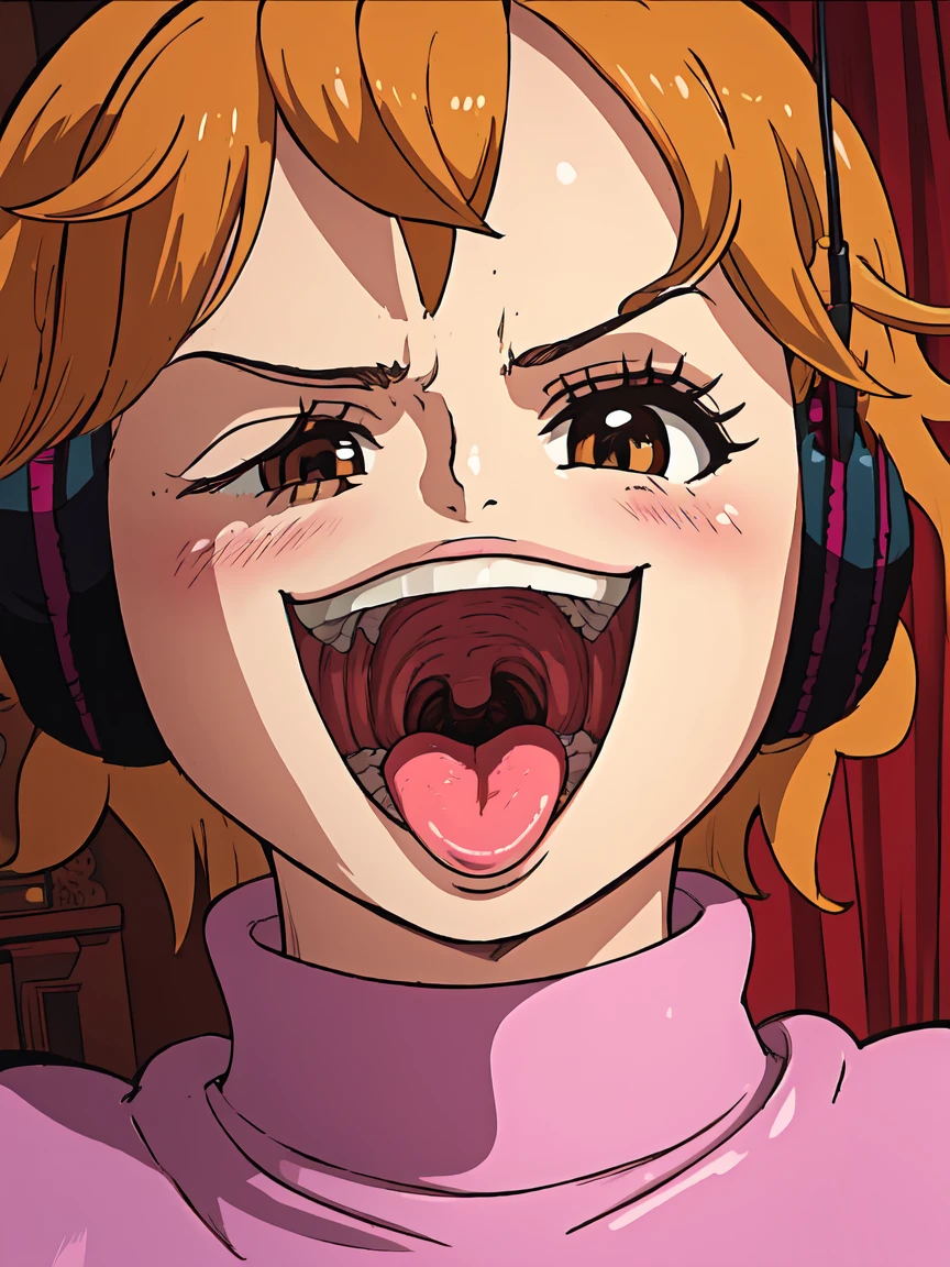 masterpiece, ((ultra detailed background, delicate pattern, intricate detail)), (highly detailed, fine details), best quality, beautiful lighting, ((medium breasts, slim girl)), 1girl, Lilith, ((mischievous smile)) ,(bangs covering one eye), ((light ginger hair)),headphones, (brown eyes), dark-purple jacket,(pink bodysuit, (close-up, portrait), blush, open mouth, big mouth, tongue, tongue out, close up, saliva, uvula, uvula, room, mouth focus, excessive saliva, hair one eye covered, room, indoors, angry
