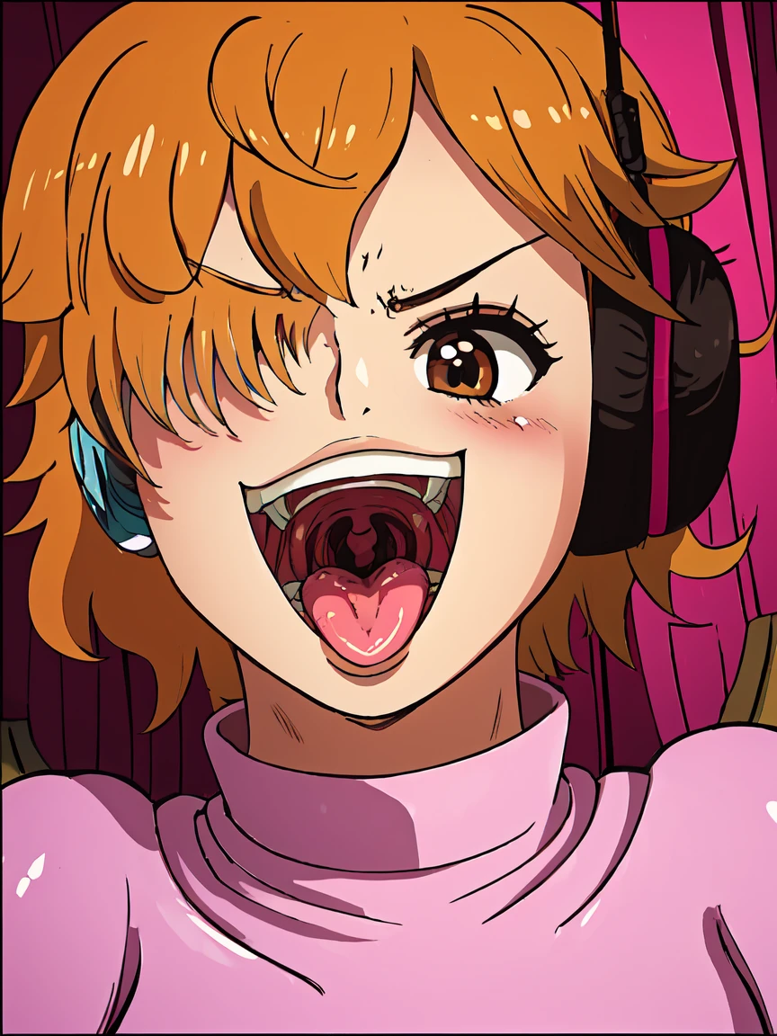 masterpiece, ((ultra detailed background, delicate pattern, intricate detail)), (highly detailed, fine details), best quality, beautiful lighting, ((medium breasts, slim girl)), 1girl, Lilith, ((mischievous smile)) ,(bangs covering one eye), ((light ginger hair)),headphones, (brown eyes), dark-purple jacket,(pink bodysuit, (close-up, portrait), blush, open mouth, big mouth, tongue, tongue out, close up, saliva, uvula, uvula, room, mouth focus, excessive saliva, hair one eye covered, room, indoors, angry
