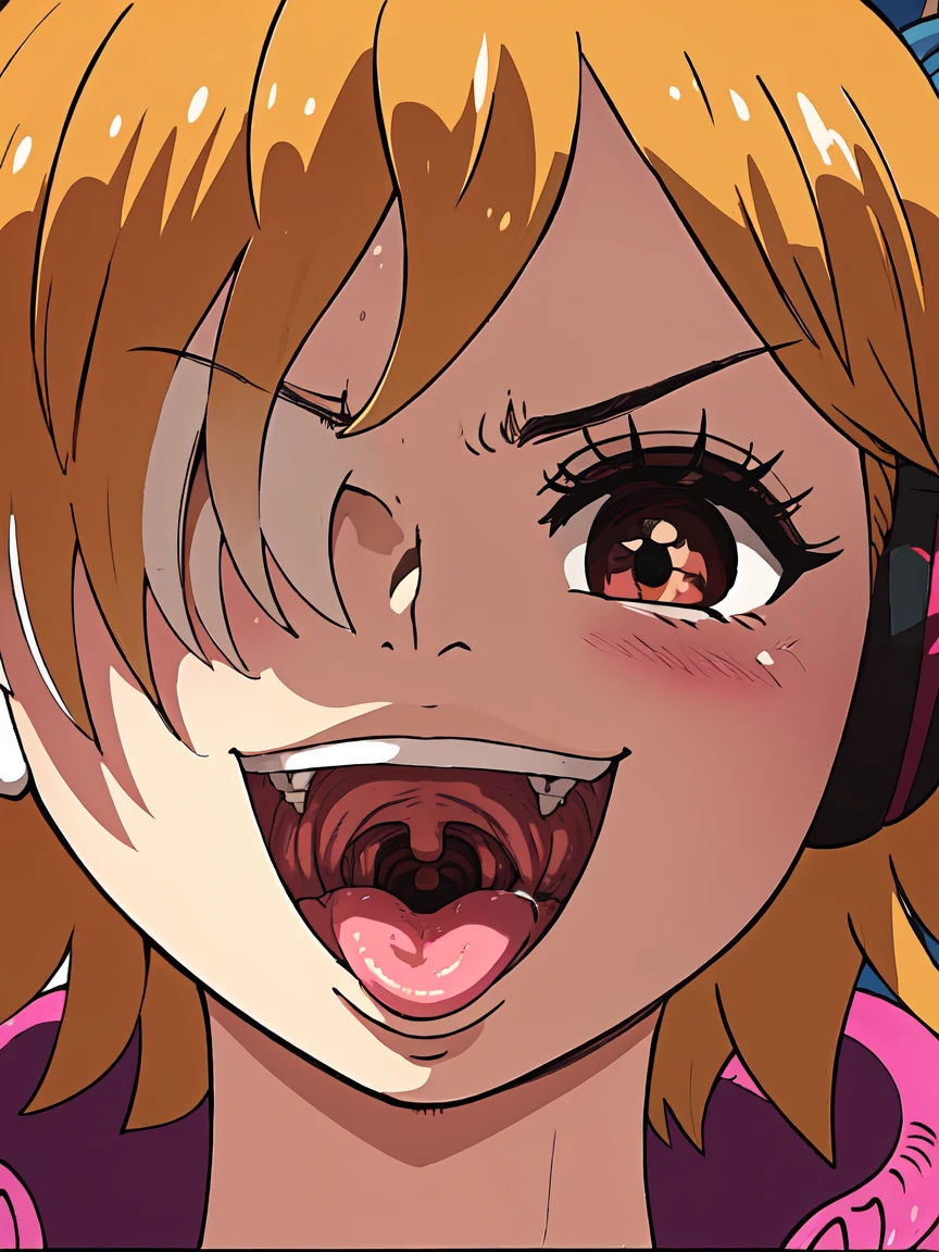 masterpiece, ((ultra detailed background, delicate pattern, intricate detail)), (highly detailed, fine details), best quality, beautiful lighting, ((medium breasts, slim girl)), 1girl, Lilith, ((mischievous smile)) ,(bangs covering one eye), ((light ginger hair)),headphones, (brown eyes), dark-purple jacket,(pink bodysuit, (close-up, portrait), blush, open mouth, big mouth, tongue, tongue out, close up, saliva, uvula, uvula, room, mouth focus, excessive saliva, hair one eye covered, room, indoors, angry
