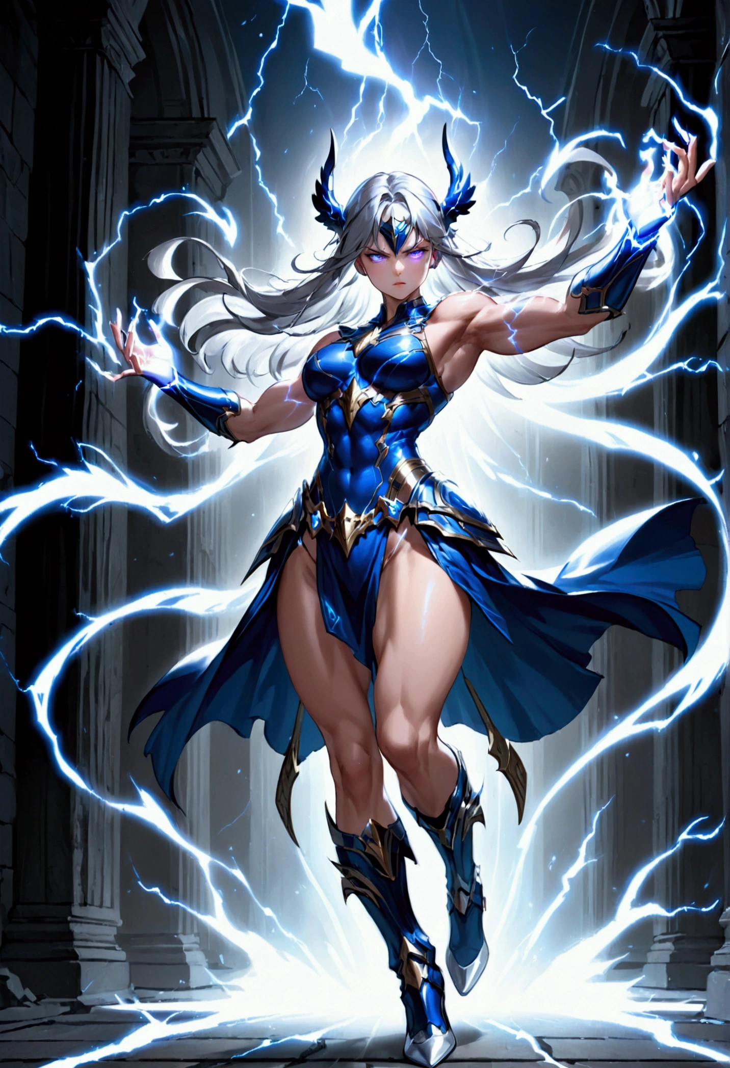 a heroic blue female Valkyrie with muscular biceps, has purple eye pupils, blue lightning flowing through her hands, wears platinum armor with white high heel boots ((dynamic elegant beautiful)) 