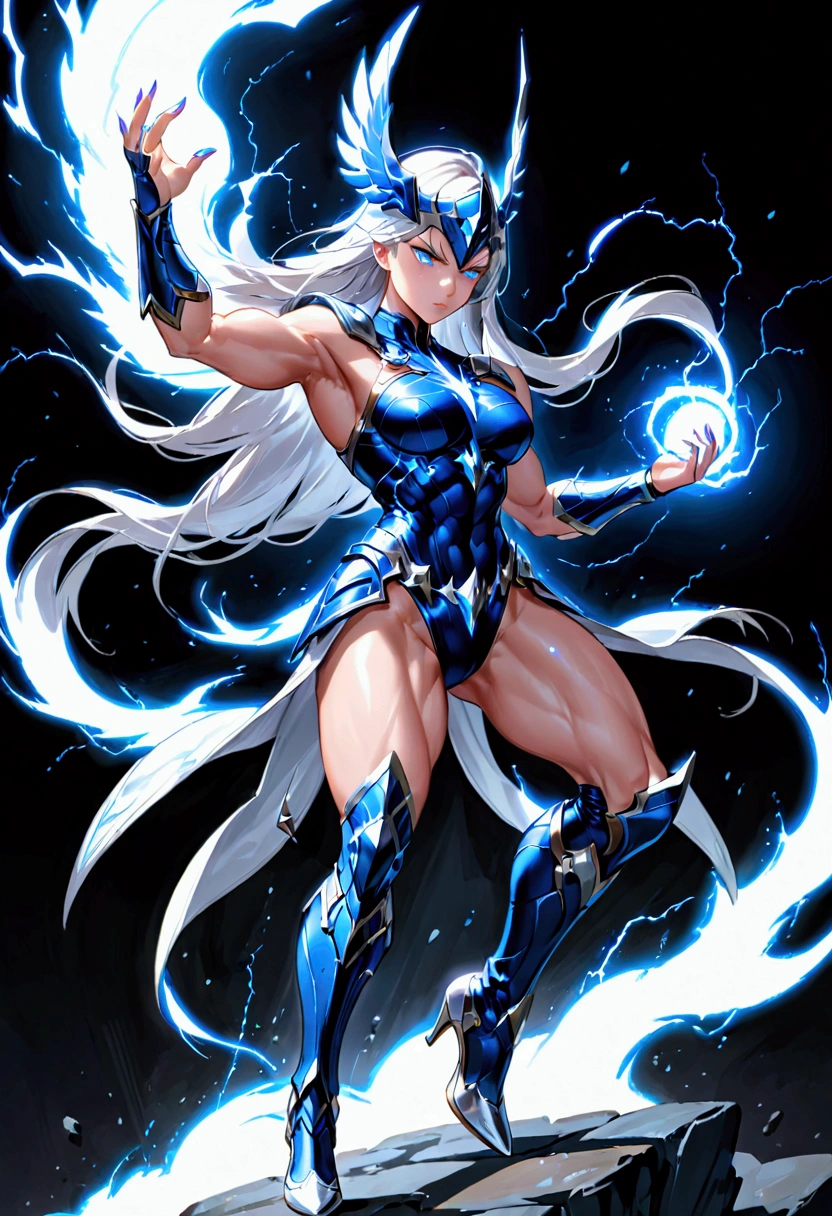 a heroic blue female Valkyrie with muscular biceps, has purple eye pupils, blue lightning flowing through her hands, wears platinum armor with white high heel boots ((dynamic elegant beautiful))