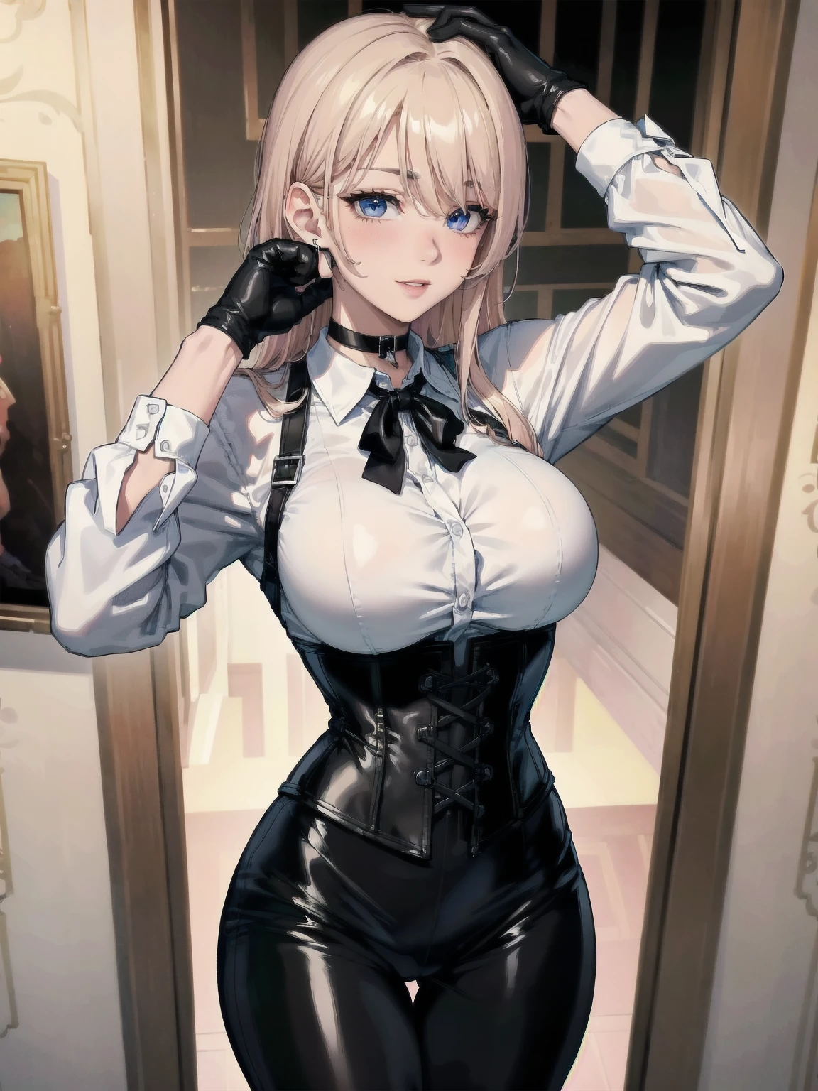 Masterpiece, Superior image quality, high resolution, 4k image,photo and gross, photorealistic, whole body, distant view, ung man of 15 years, enthusiasm pose, {{{vagina}}}, big breasts, beautiful face, Long blonde hair, blue eyes, very detailed eyes, pink cheeks, excited expression, drawing a happy smile, choker:1.6, (white collar button down long sleeve shirt), black gloves, gloves that cover hands, (black leather corset), (shiny black leggings), Sensual Lips, show details in the eyes, looking at the viewer, large elegant illuminated room