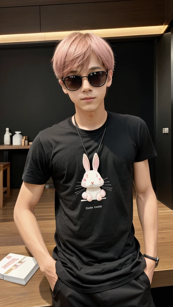 A boy which is set on the table table is light black coloured which is made from wood and the boy is a rabbit is a carbonic rabbit in little anime style the background was light pink and the rabbit word sunglasses and having a cigaret
