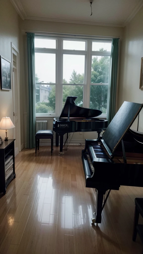 dark room, lit only by the soft moonlight that comes through the half-open window. In the center of the room, there is a black grand piano, its keys reflecting the moonlight. On top of the piano, a photo frame with a faded photo of a smiling couple, representing a distant and beloved memory.
On the walls, tree shadows sway gently, as if dancing to a melancholy melody. Near the piano, an electric bass isolated against a chair, and in a corner of the room, a modular synthesizer with tangled colored wires seems ready to create ethereal sounds.
On the floor is a partially dismantled acoustic drum kit, its drums scattered like puzzle pieces. Moonlight creates reflections on the surfaces of the dishes, imitating the appearance of raindrops.
In the air, there seems to be a gentle, almost imperceptible breeze, which makes the fabric curtains balance slightly, as if they were the soft harmonies mentioned in the song. The overall atmosphere is one of tranquility and introspection, a space where memories and emotions intertwine in a silent symphony. photorealistic, 8k, HDR