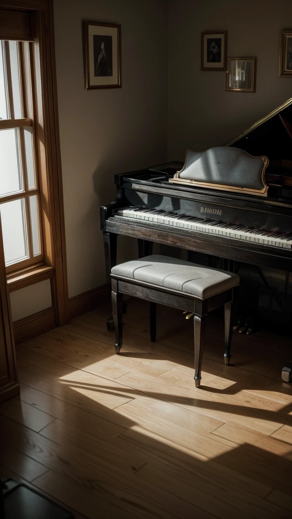 dark room, lit only by the soft moonlight that comes through the half-open window. In the center of the room, there is a black grand piano, its keys reflecting the moonlight. On top of the piano, a photo frame with a faded photo of a smiling couple, representing a distant and beloved memory.
On the walls, tree shadows sway gently, as if dancing to a melancholy melody. Near the piano, an electric bass isolated against a chair, and in a corner of the room, a modular synthesizer with tangled colored wires seems ready to create ethereal sounds.
On the floor is a partially dismantled acoustic drum kit, its drums scattered like puzzle pieces. Moonlight creates reflections on the surfaces of the dishes, imitating the appearance of raindrops.
In the air, there seems to be a gentle, almost imperceptible breeze, which makes the fabric curtains balance slightly, as if they were the soft harmonies mentioned in the song. The overall atmosphere is one of tranquility and introspection, a space where memories and emotions intertwine in a silent symphony. photorealistic, 8k, HDR