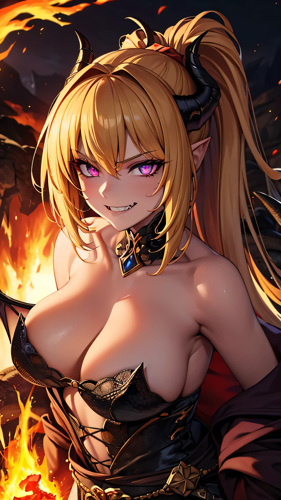 (masterpiece, best quality, absurdres), high quality, highres, ultra detailed, intricate, depth of field, cinematic lighting, soft lighting, yellow light, night, close-up, looking at viewer, beautiful woman, 1girl, dragon girl, medium breasts, blonde, ponytail ,purple eyes, ((predator pupils, glowing eyes)),black horns, wings, ((evil smile, fangs, smirk)), fantasy, realistic fire in background, surrounded by fire, embers, molten rock