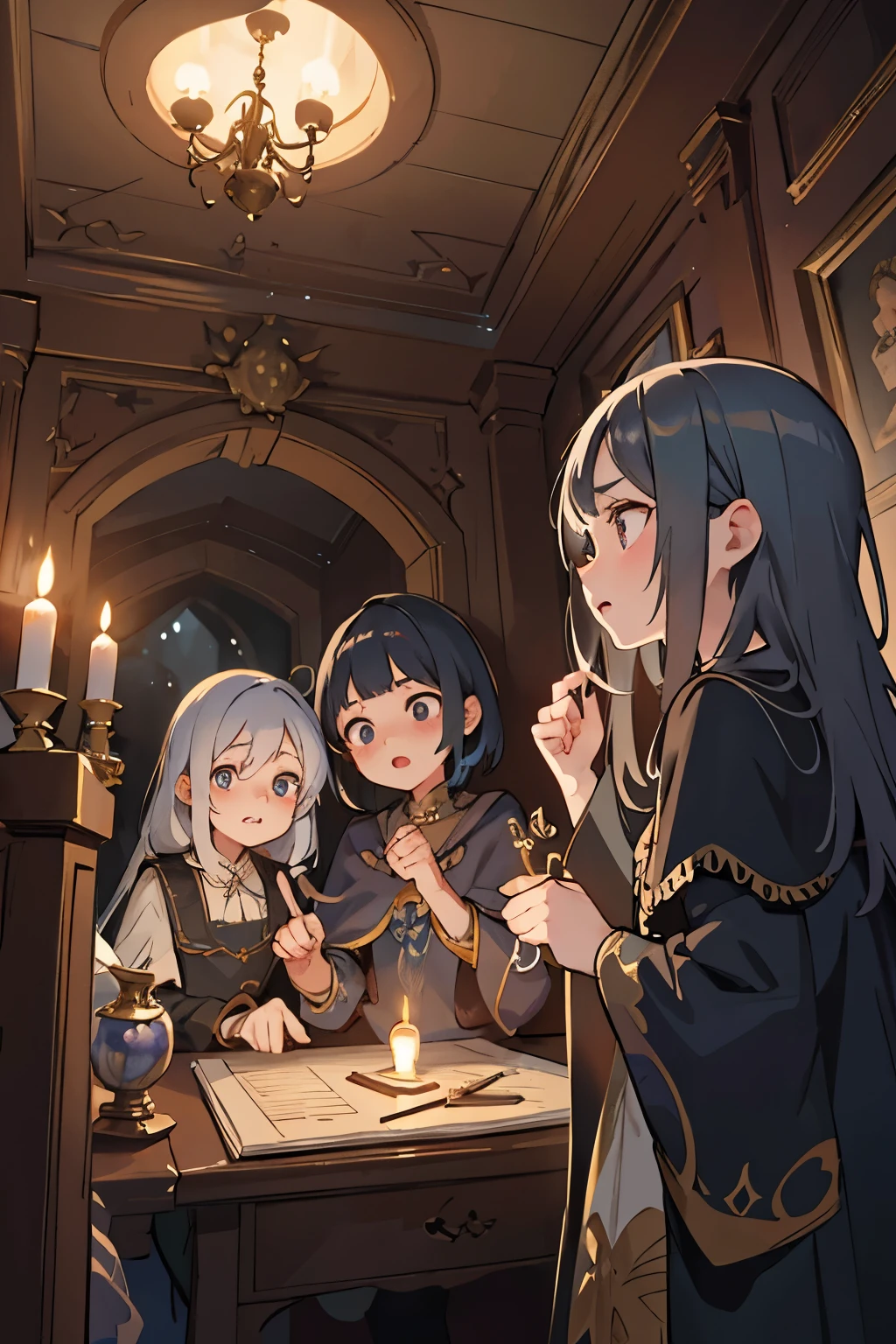 a detailed fantasy scene of three young girls exploring an ancient, mysterious house, extremely detailed eyes and faces, beautiful detailed lips, longeyelashes, highly realistic, photorealistic, 8k, masterpiece, studio lighting, vivid colors, dramatic lighting, ornate architecture, dusty textures, cobweb-covered walls, mysterious atmosphere, sense of discovery, warm light from candles, glowing magical artifacts, capture the essence of this magical and mysterious encounter. Your drawing will be fundamental for the creation of a unique publication, which combines the gothic atmosphere and the charm of the supernatural. Remember to add evocative details, such as candle flames dancing in the dark, shadows moving ominously along the rock walls, . Highlight the aura of mystery and emotion that this forbidden encounter evokes.