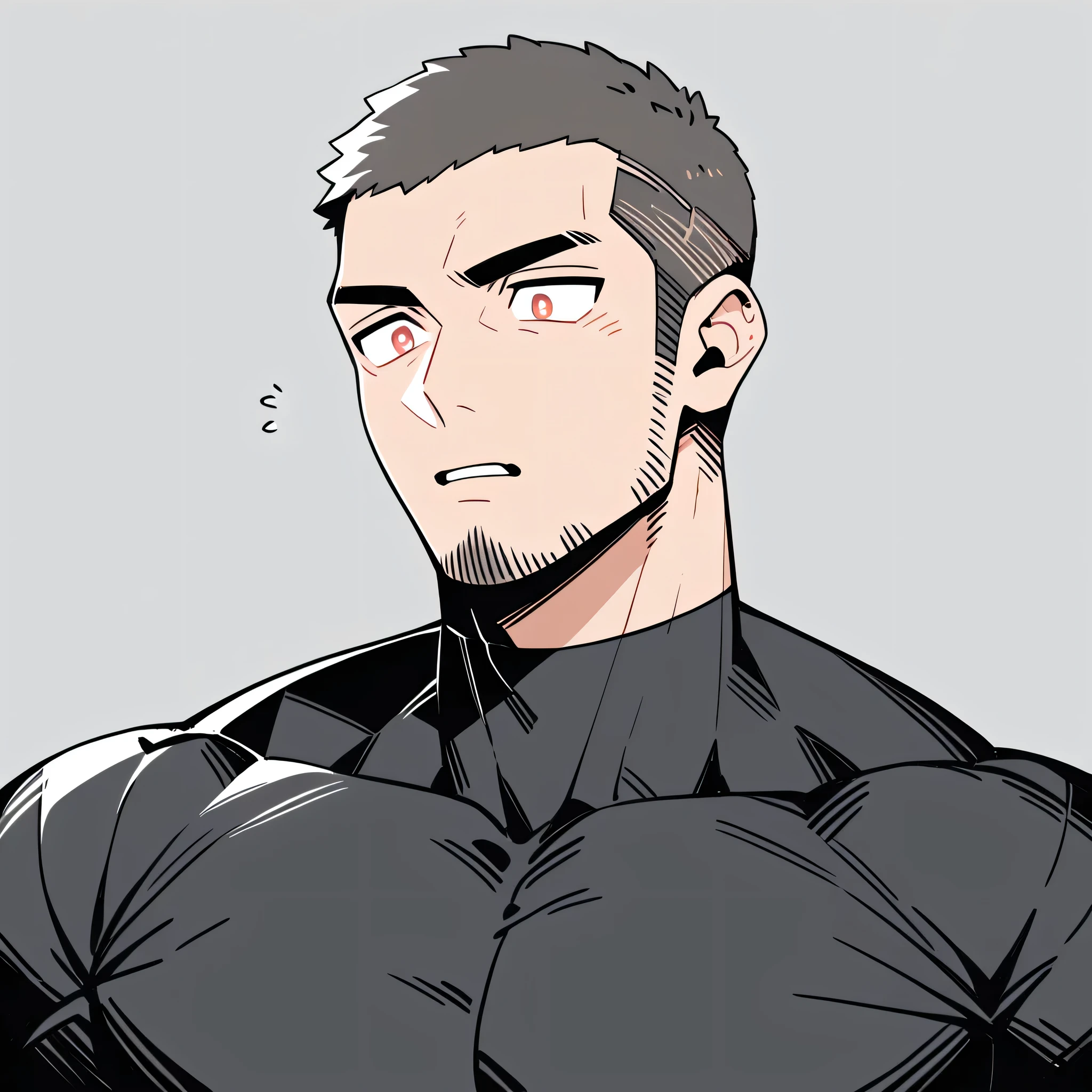 anime characters:Priapus, Muscle Sports Student, Buzz Cut, Manliness, male focus, Dark black high collar long sleeve tight T-shirt, Very tight, Round, full and perky chest muscles, muscular male, muscular, only, Upper body, alone, Black short hair, Thick eyebrows, stubble, Brown-red pupils, Grey background, simple background, amazing quality, best aesthetics, Ridiculous, crew cut, parted lips, flustered, endured face, best quality