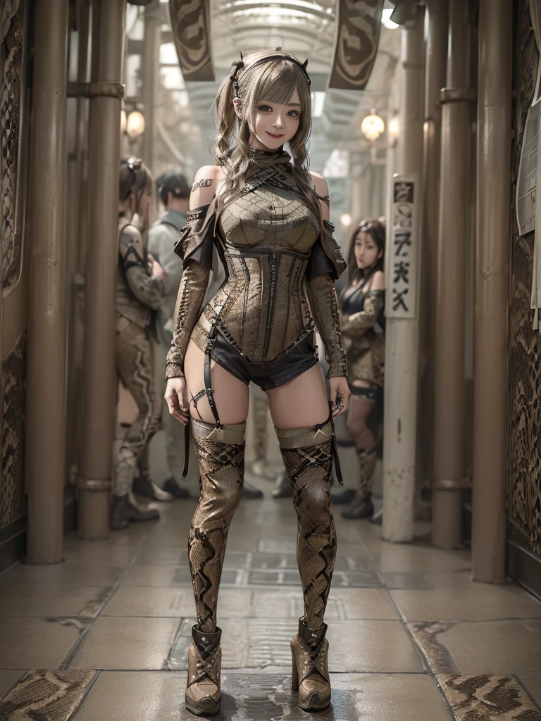 (Full body:1.1)、(Side view:1.1)、(Smiling with teeth showing:1.3),(Shibuya Gal:1.5)、(Beautiful:1.5)、(Neo-goth fashion:1.5)、(Punk RockVisual Kei:1.5)、(An off-the-shoulder hoodie in khaki and brown with delicate silver accessories.:1.5)、(A corset with a delicate beige and brown design:1.4)、(Dark grey, khaki and brown snakeskin bodysuit:1.5)、(Snake print headband:1.3)、(Beige and charcoal knee socks:1.4)、Embellished collar and long boots、(I'm selling snake print underwear.:1.4)、(Long eyelashes:1.3)、(20-year-old)、((Highest quality、8k、masterpiece:1.3))、1 Female、Slim and beautiful abs:1.3、(hairstyle casual、Beautiful boobs:1.1)、(Doing an aerobics pose:1.3)、dress:1.1、Super small face、Narrow eyes、double eyelid、A sloppy smile、Esbian all over、Dynamic Angle、Close-up、CPL Filter、Blurred Background、Bokeh、Blue Hour、Detailed face and skin texture、Detailed eyes、,(Twin tails:1.3)、(Black Hair:1.3)、Gravure idol、(The background is a glamorous dance hall:1.3)、(Make your legs thinner:1.4)、(Slim body:1.3)、(clavicle:1.1)
