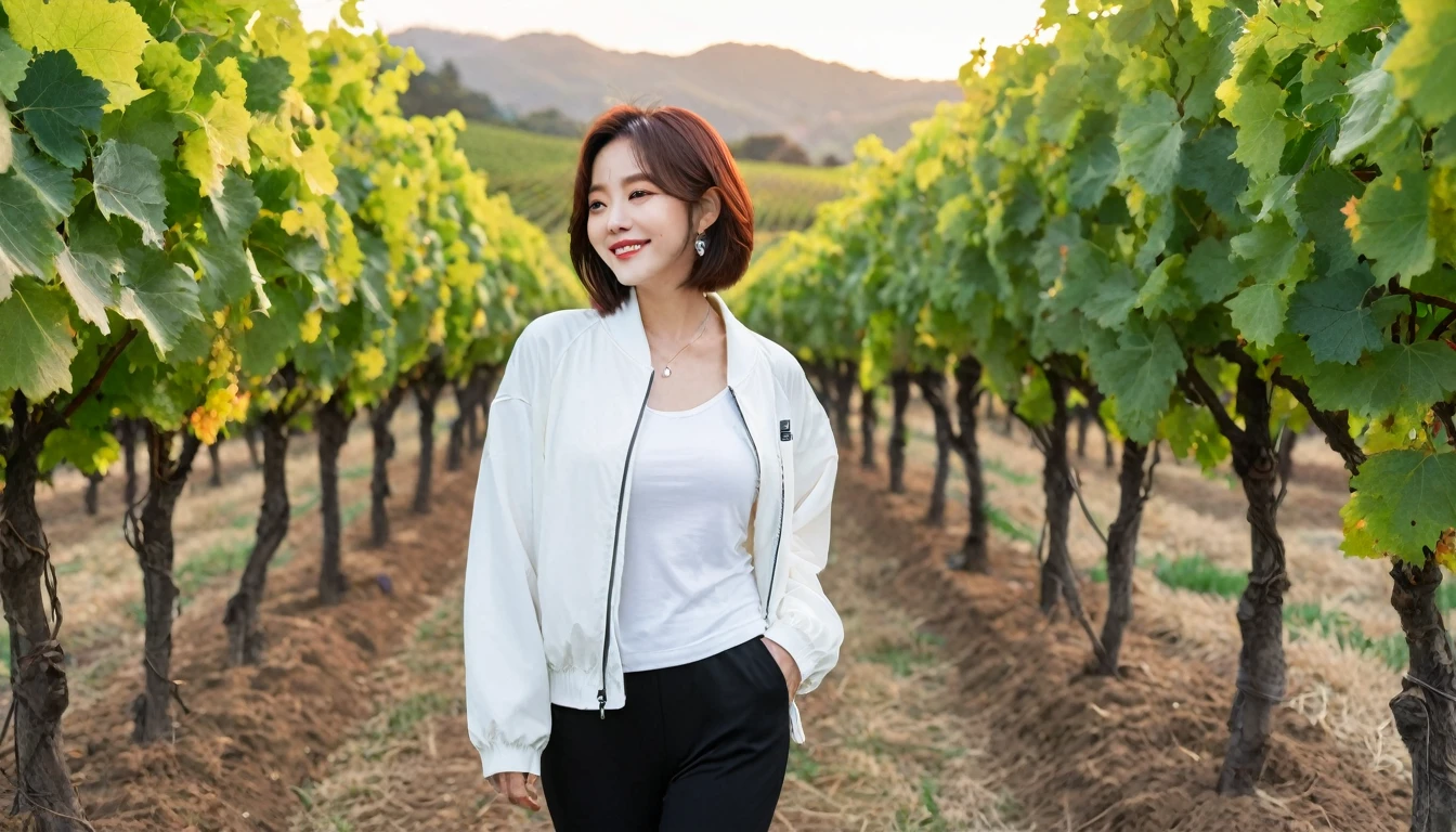 beautiful scenery, 8K Top Quality, Vivid picture quality, 1 woman, Beautiful 36-year-old Korean woman, Chest size 34 inches, Model-level beautiful woman, Napa Valley, California, USA, dawn, vineyard, 멀리 짙은 안개 속에 끝없는 vineyard 평원이 보인다. Red sunshine, The background is realistic and vivid quality.., short medium bob hair, White t-shirt that goes up to the neck , High-end luxury brand windbreaker jacket, Black pants, Perfect and realistic photos, The background is realistic.. Full body shot with Canon camera 16-35 wide angle lens, Smiling, 짙은 안개가 자욱한 포도원 언덕에서 vineyard을 내려다 보며, towards the front camera