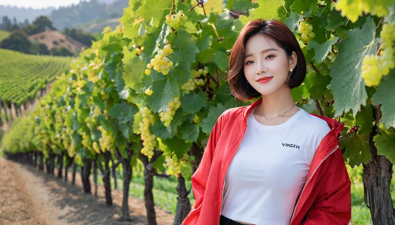 beautiful scenery, 8K Top Quality, Vivid picture quality, 1 woman, Beautiful 36-year-old Korean woman, Chest size 34 inches, Model-level beautiful woman, Napa Valley, California, USA, dawn, vineyard, 멀리 짙은 안개 속에 끝없는 vineyard 평원이 보인다. Red sunshine, The background is realistic and vivid quality.., short medium bob hair, White t-shirt that goes up to the neck , High-end luxury brand windbreaker jacket, Black pants, Perfect and realistic photos, The background is realistic.. Full body shot with Canon camera 16-35 wide angle lens, Smiling, 짙은 안개가 자욱한 포도원 언덕에서 vineyard을 내려다 보며, towards the front camera