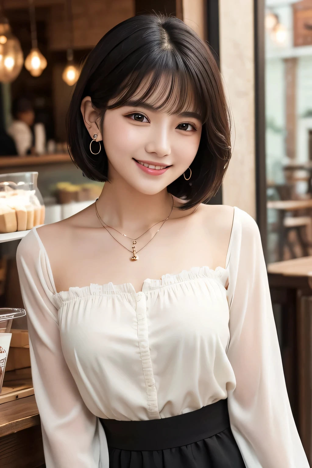 Black Hair、Clear beauty、Short Haircut、Wavy Hair、Long sleeve blouse、Ear piercing、Necklace around the neck、smile、Beautiful teeth alignment、Intricate details, Very detailed:1.2), 、 Looking into the camera、The background is a coffee shop


