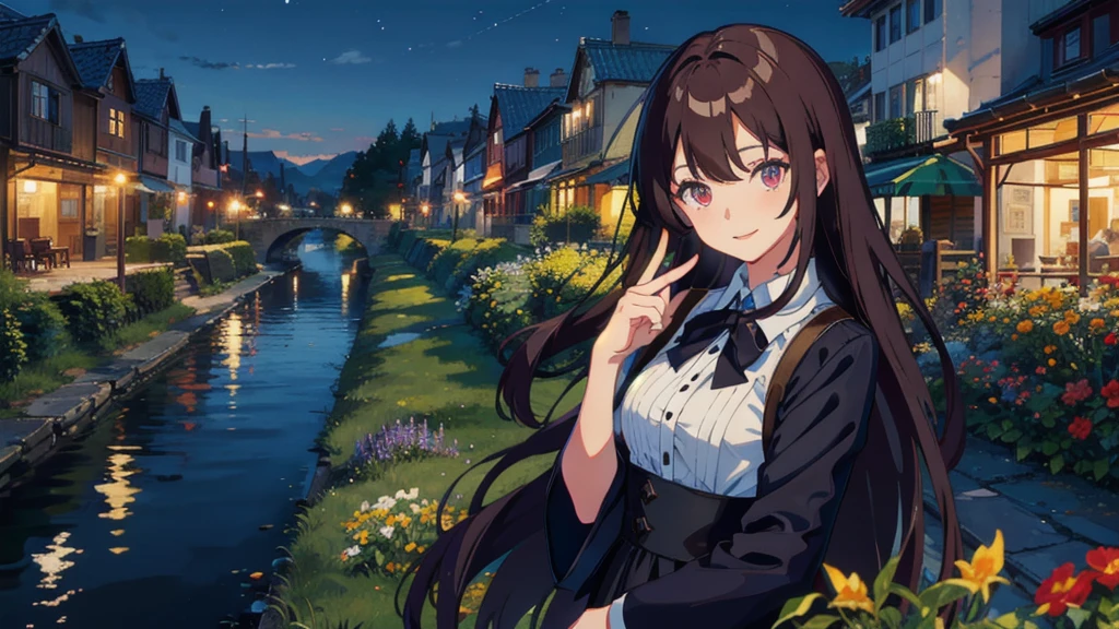 masterpiece,Highest quality,One Girl,The hair color is brown, Eye color: black, smile,countryside,Cityscape,night景,Flowers and plants,scenery,night,Light Perception,soft,