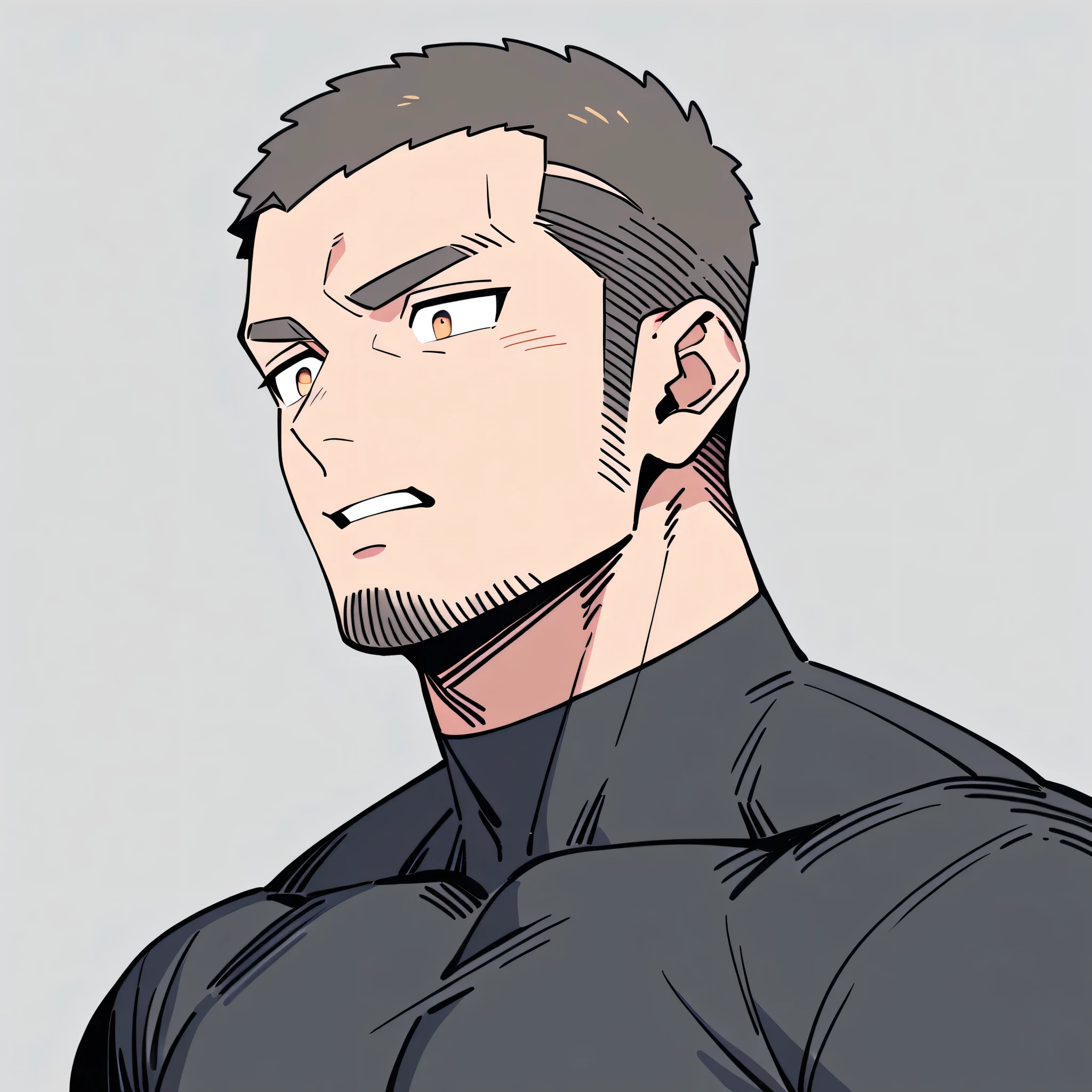 anime characters:Priapus, Muscle Sports Student, Buzz Cut, Manliness, male focus, Dark black high collar long sleeve tight T-shirt, Very tight, Round, full and perky chest muscles, muscular male, muscular, only, Upper body, alone, Black short hair, Thick eyebrows, stubble, Brown-red pupils, Grey background, simple background, amazing quality, best aesthetics, Ridiculous, crew cut, parted lips, flustered, endured face, best quality