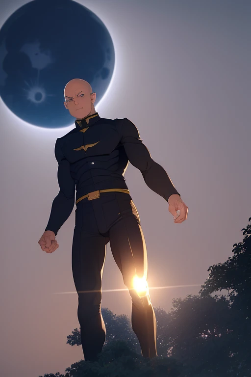 On a full moon night, a bald man in a skin-tight suit shines upon the moon, and he uses a Kamehameha.