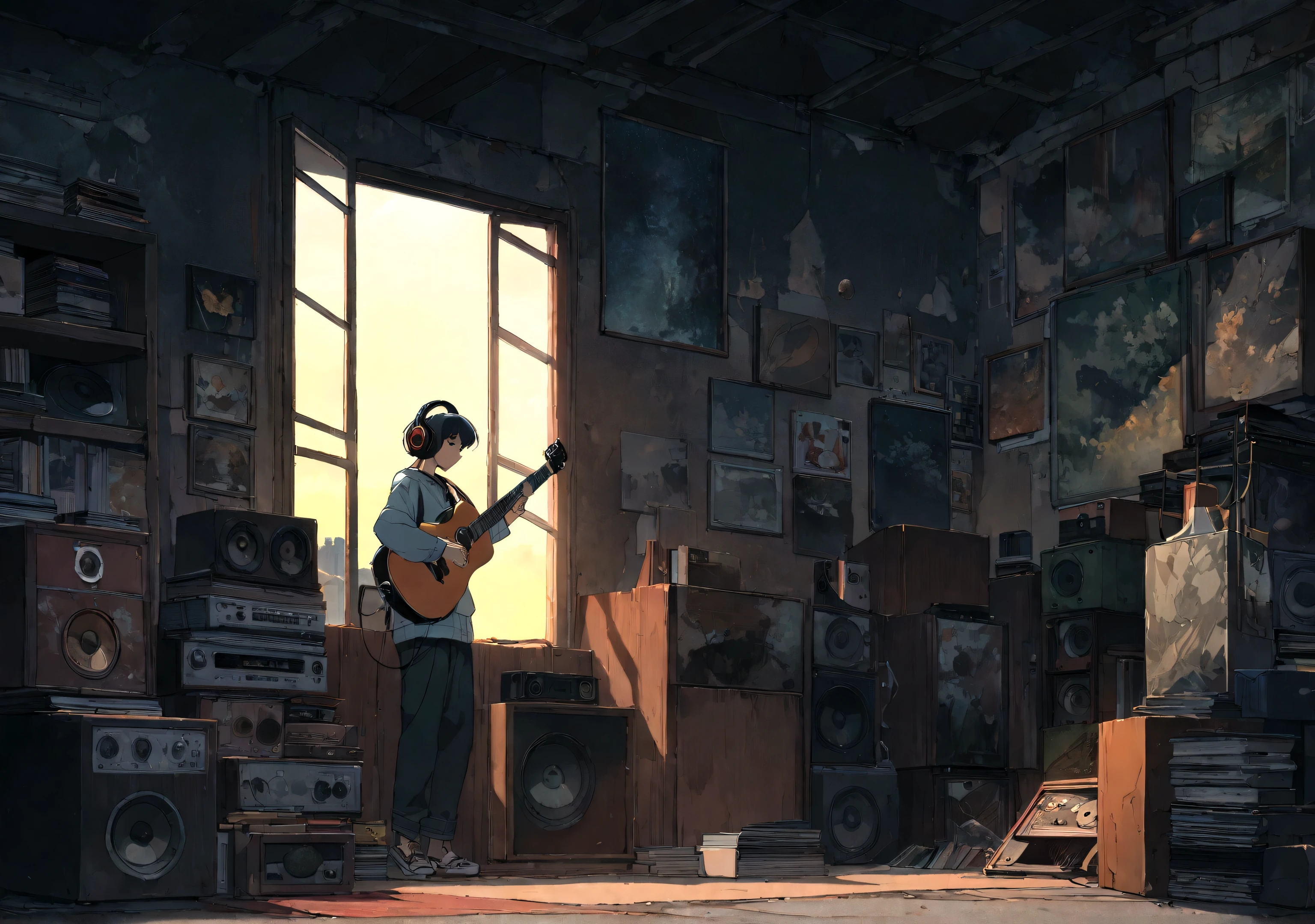 Boy wearing headphones and listening to music, Very detailedな, evening, sad mood, Bright light coming through the window, Night view, , 2D, (Shot from a distance), Wide Shot, (Noise from the film), Old cartoons, (Many records: 1.3), Record store, (masterpiece, Very high quality, Very high quality, Official Art, beautifully、beautiful: 1.2), (Very detailed, (Fractal Art: 1.4 ), guitar, (Note: 1.4), (Lo-fi Hip Hop), Side view, Old Anime Texture, alone, speaker