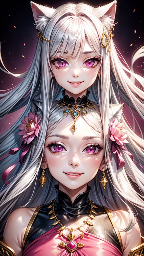 Silver hair, pink eyes, older woman, pink red and gold clothes, hair jewel ornament, cat ears, necklace, long hair, smiling face, upper body
