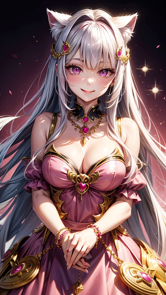 Silver hair, pink eyes, older woman, pink red and gold clothes, hair jewel ornament, cat ears, necklace, long hair, smiling face, upper body