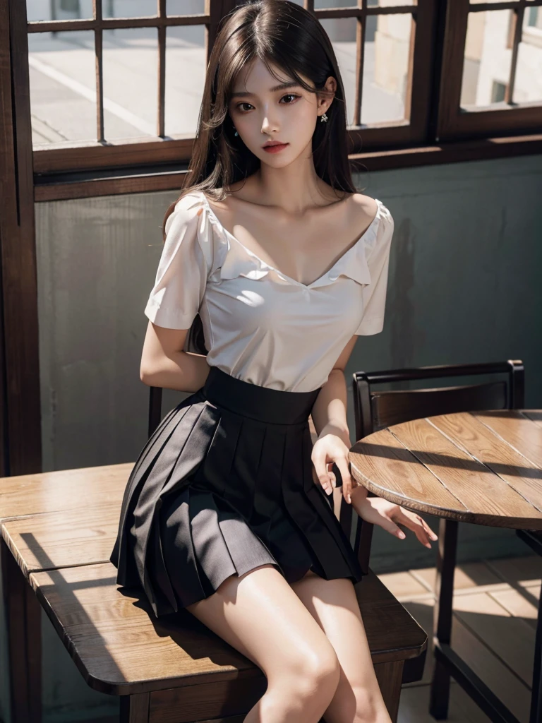 absurdres, RAW photo, extremely delicate and beautiful, masterpiece, Best Quality, ultra high resolution, 32k, hyperrealistic, ultra-detailed, perfect anatomy, super Detailed skin, Super Beauty, perfect figure, Perfect Style, Perfect balance, in her 20s, very small head, very small face, delicate facial features, tearful mole, earring, very huge breasts, bare legs, full body shot, medium hair, black hair, school_uniform,