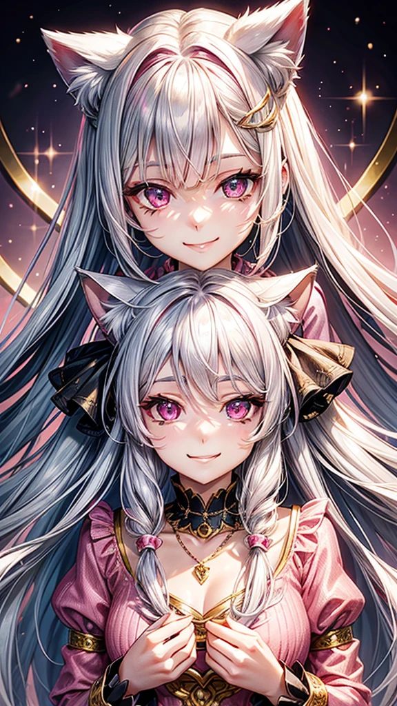 Silver hair, pink eyes, older woman, pink red and gold clothes, hair ornament, cat ears, necklace, long hair, smiling face, upper body