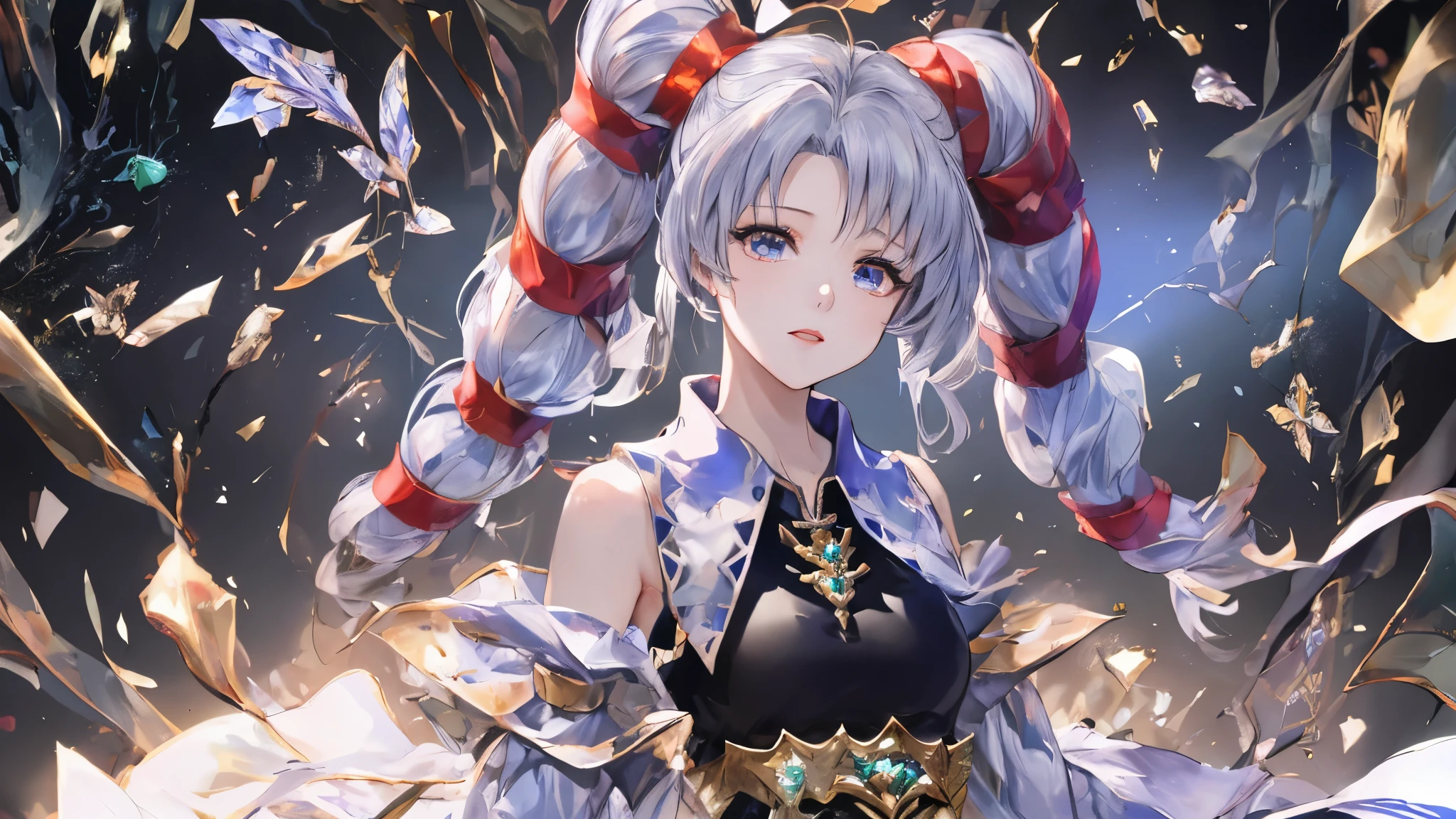 Twin tails,beautiful girl,thunder,lightning,magic,Particles of light,(Highest quality, High resolution:1.2),Mysterious atmosphere,Dynamic pose,High detail,Jewelry goods,bracelet,Red Gemstone Pendant,Almond Eyes, Exquisite eye makeup, Long eyelashes fluttering, Blinking big eyes