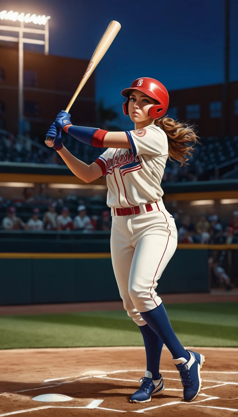 full body shot, a female baseball player hitting a home run, detailed realistic portrait, ultra-detailed, hyper realistic, photorealistic, 8k, extremely detailed, detailed eyes, detailed facial features, beautiful detailed face, athletic body, baseball uniform, batting in baseball field, action pose, dynamic motion, dramatic lighting, vibrant colors