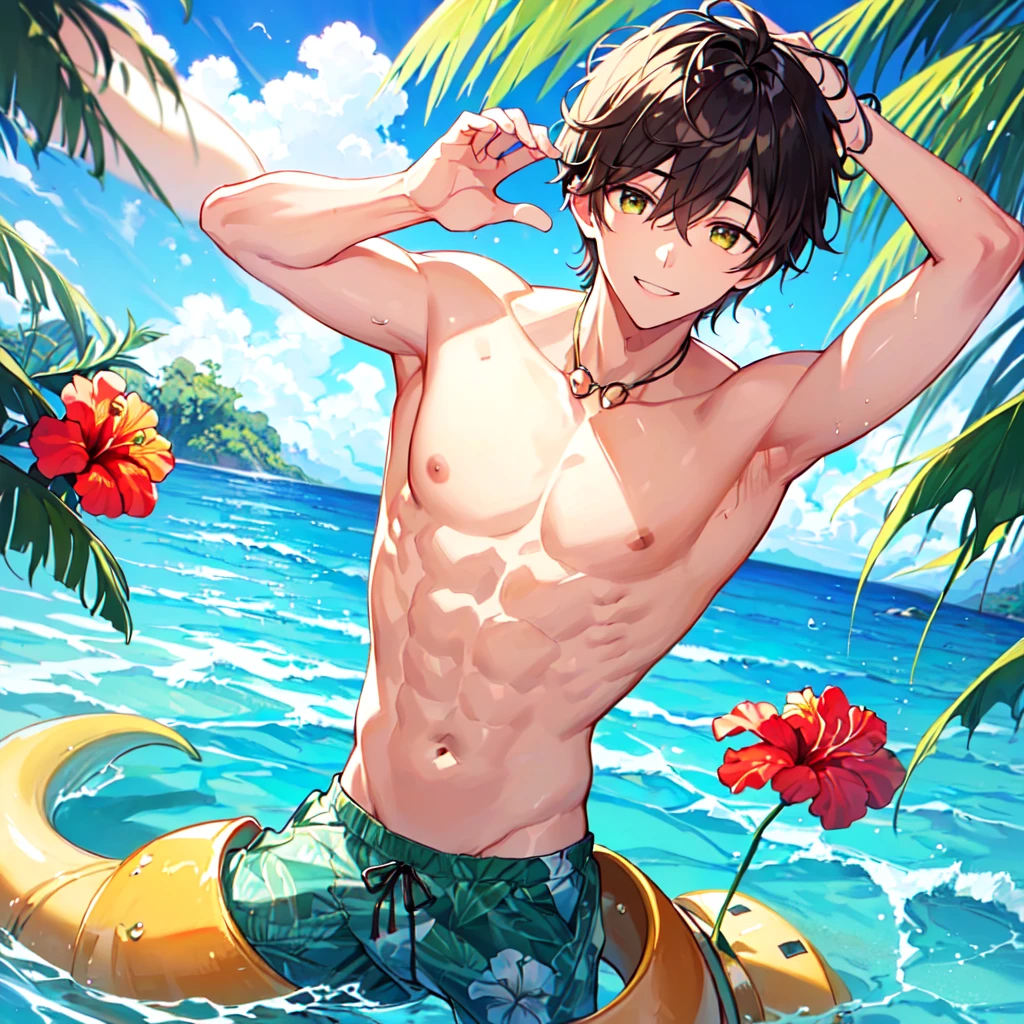 masterpiece, best quality, high quality, extremely detailed, (1 male handsome age 20 years old solo one: 1.5), (short short hair up to neck, bangs up to eyes: 1.5), (hair color brown), (eyes yellow green: 1.3), 8 head tall, slender Nose, Expression Muscles, Throat, (Pectoral and Rectus Abdominis: 1.3), (Hibiscus Print in Boxer Sea Water Pants: 1.3), (Smile: 1.3), (Playing Underwater: 1.3), (dynamic pose), (Background tropical sea: 1.3), ( blue sky: 1.3)