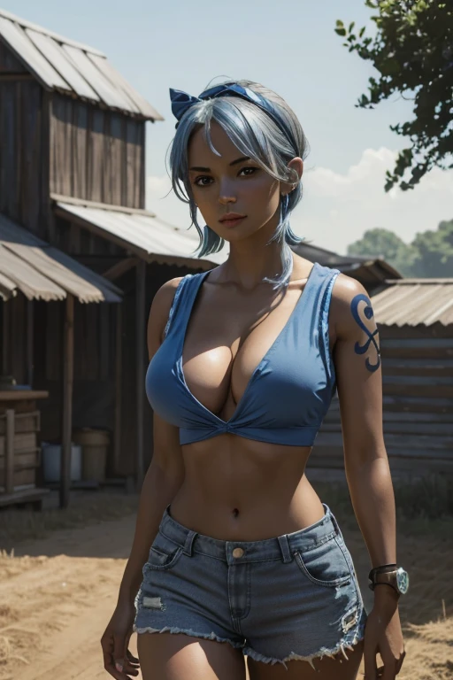 (masterpiece), best quality, expressive eyes, perfect face, front lighting, (farm background), (walking), (seductive look), (cleavage view), (1girl, Nami, 18 years old, grey-blue hair, grey-blue hair, grey-blue hair, BREAK, short hair with hairband, bob hairstyle, brown eyes, hourglass figure, dark skin, tanned skin, tan, skinny body, thin body, medium breasts, wide hips, thick thighs, sholder tattoo, chest tattoo, collarbone tattoo), BREAK, (yellow v-neck shirt, sleeveless, croptop, exposed cleavage, BREAK, shorts), 
