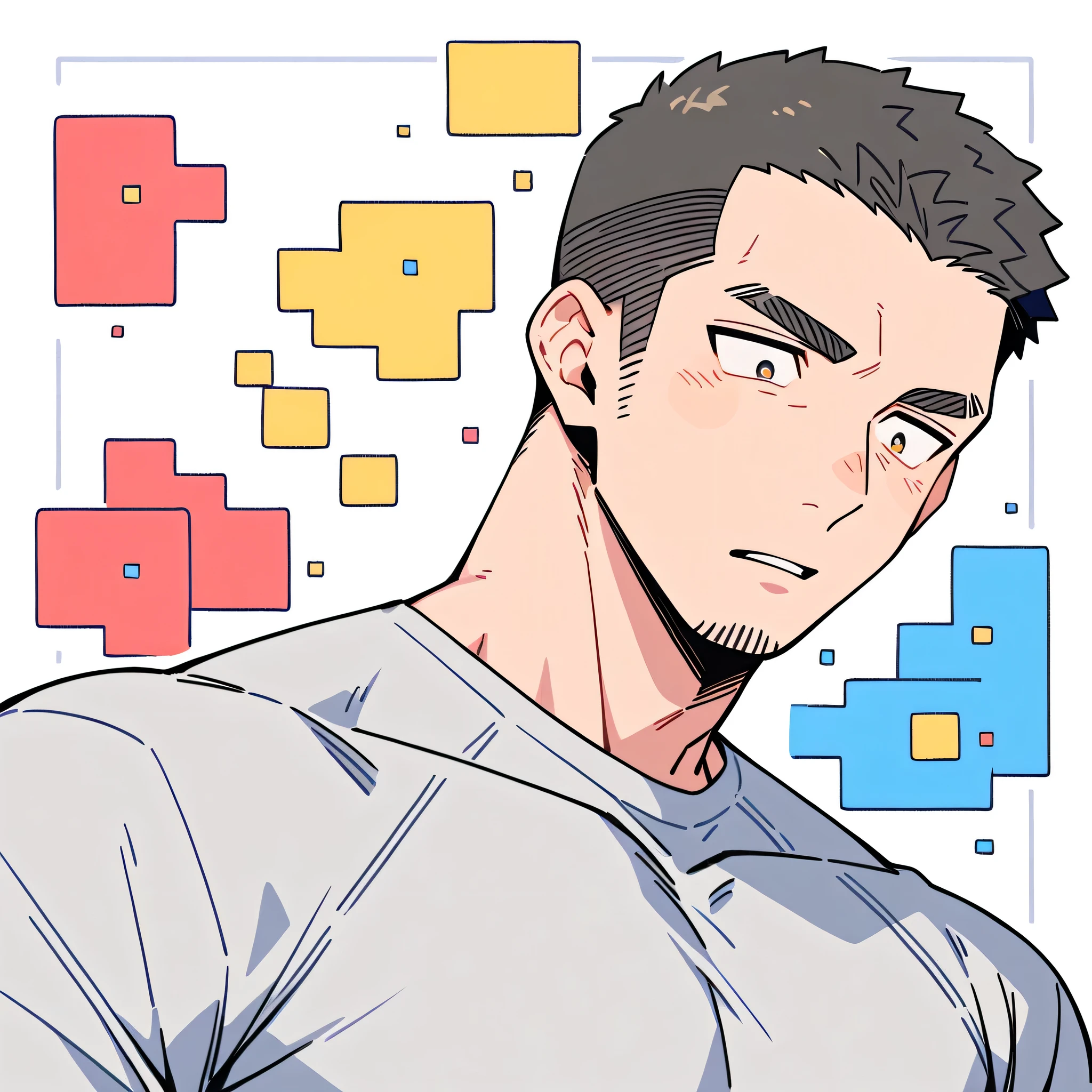 anime characters:Priapus, Muscle Sports Student, Buzz Cut, Manliness, male focus, Light Grey high collar long sleeve tight T-shirt, Very tight, Round, full and perky chest muscles, muscular male, muscular, only, Upper body, alone, Black short hair, Thick eyebrows, stubble, Brown-red pupils, White background, simple background, amazing quality, best aesthetics, Ridiculous, crew cut, parted lips, flustered, endured face, best quality