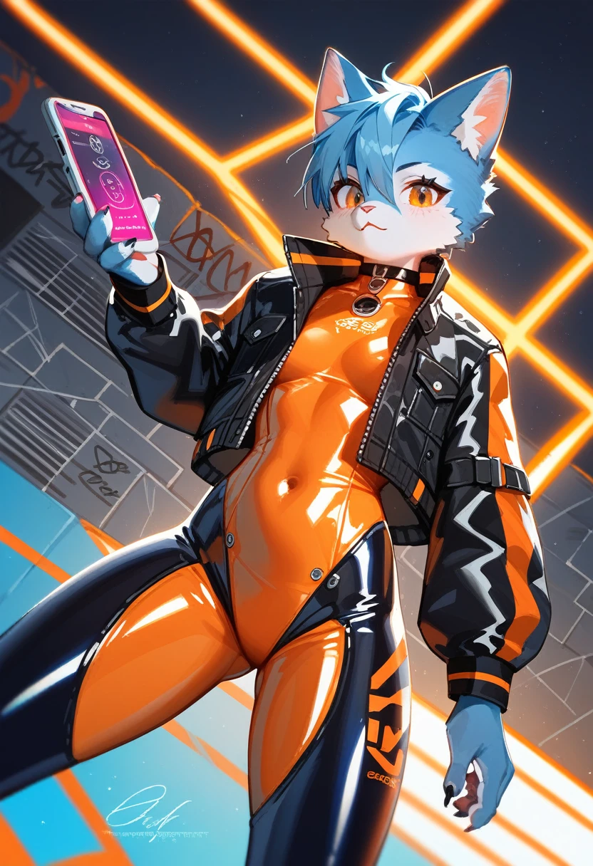 animation, Highest quality, Highest quality, High quality illustrations, masterpiece, Ultra-high resolution, Detailed Background, Futuristic Bar, Graffiti art on the wall, Absurd, Perfect Anatomy, performance, Good lighting, Shadows in the movies(kemono, Furry PersonifiCation), Cat, Blueskin, Orange Rubber Suit, latex, neon, neonライト, neonカラー, Bodysuits, Cyber Suit, Leather Half Jacket, cyber punk, Dynamic Angle