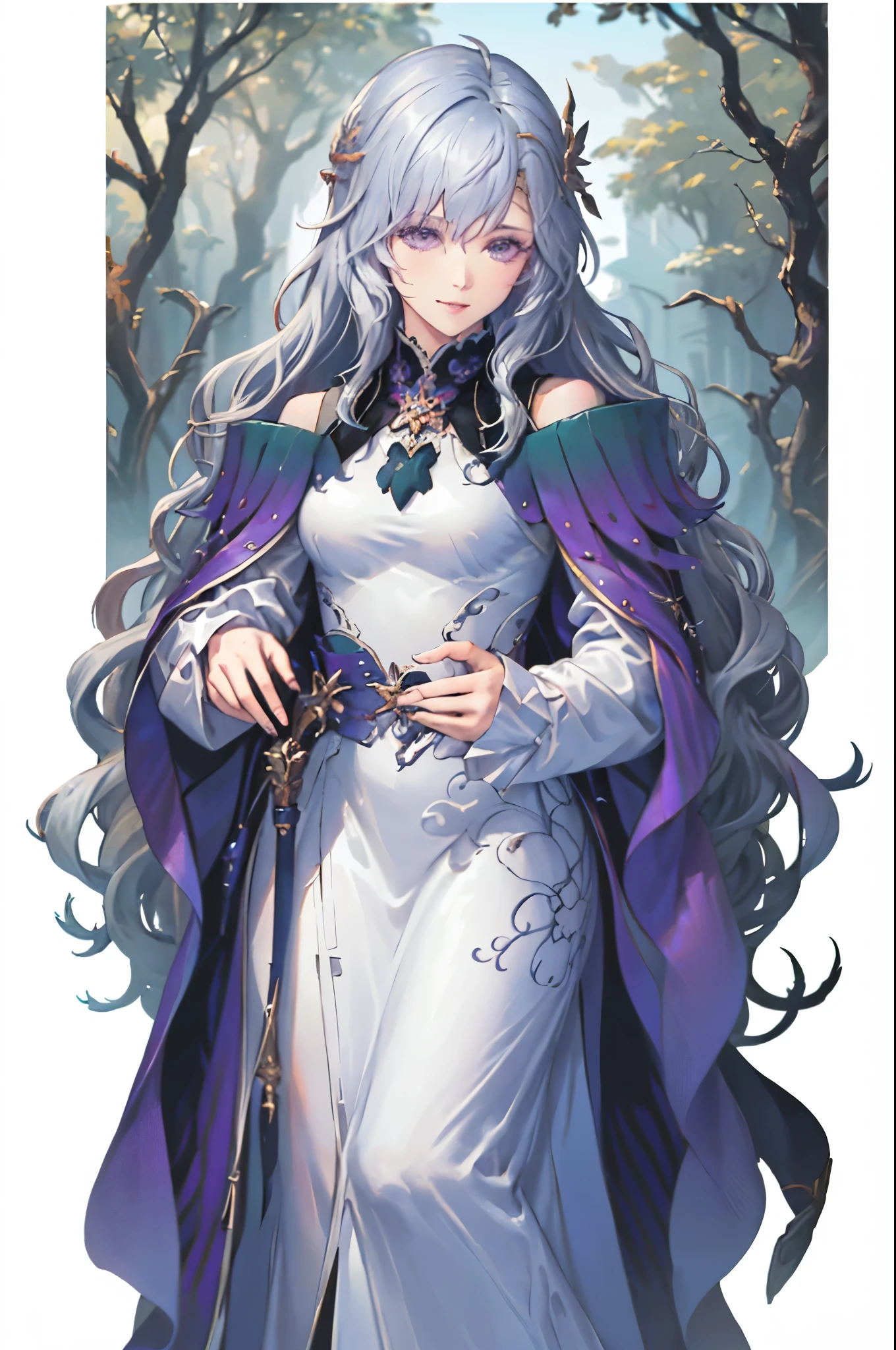 (最high quality, High resolution:1.2), Super detailed, Mysterious, Ethereal atmosphere, Beautiful attention to detail, Detailed lips, masterpiece, Shrinkage rate(8K, 最high quality, masterpiece: 1.2), purplish-silver hair,Wavy Hair,Fleeting,Long walking stick,White robe,beautiful girl,Moonlit Night,sexy,Glamour,Purple eyes,sacred,Dynamic pose,One Girl,Flower Field,Lakeside(the best品質を最高に8K, CG, Beautiful and exquisite upper body, Complex facial features, Almond Eyes, Exquisite eye makeup, Long eyelashes fluttering, Blinking big eyes, (masterpiece, 最high quality, the best, Official Art, Beautiful and beautiful, Long-term exposure: 1., Smooth movement, Attractive patterns, 1 Girl, (Long sleeve dress: 1.3), (((White clothes) )), Delicate face,Lavender colored hair, Gradient Hair,Long Hair, Bare shoulders, ,Detailed Background, Delicate face,, Dynamic pose, Suspended particles, Ethereal atmosphere,gem,One Girl,goddess,Delicate and beautiful face,Flowing,Perfect balance, masterpiece, Textured skin, Very detailed, High detail, high quality, High resolution,Smile