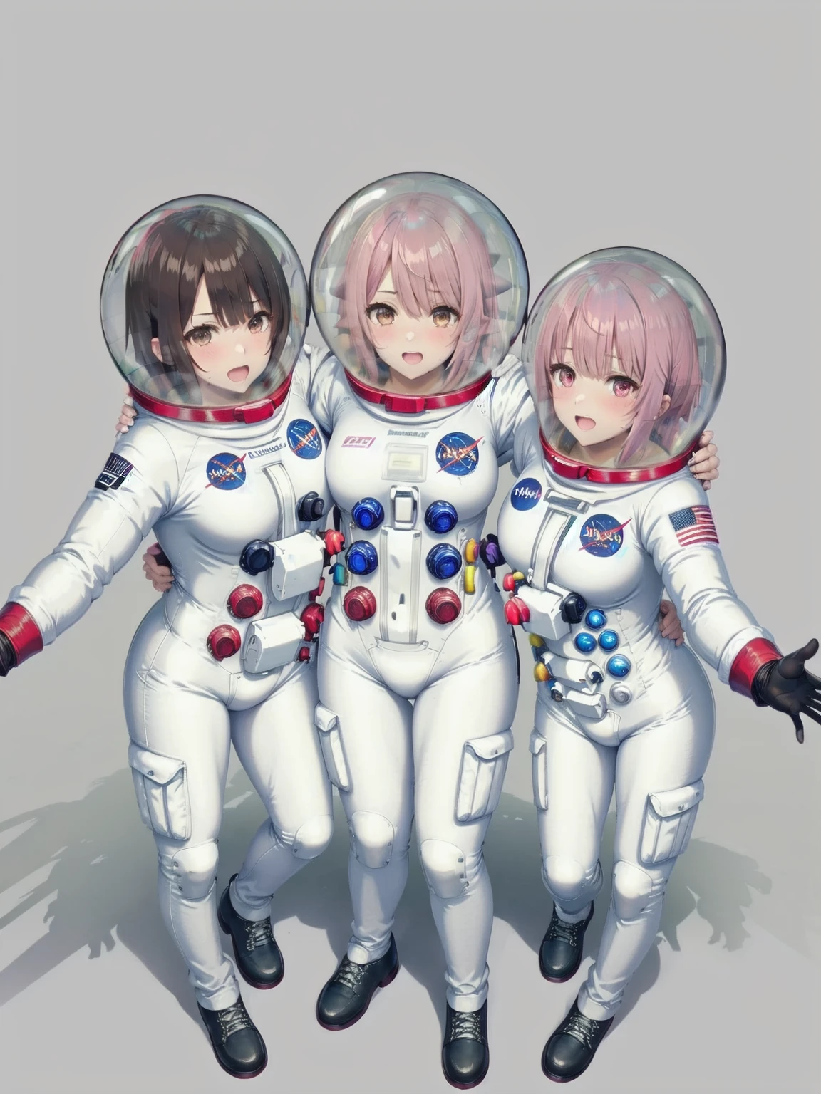 eva helm, spacesuit , astronaut), from above, pink hair, bubble helmet, space helmet,wearing a (spacesuit:1.15), white cargo pants, hovering, flying, moon surface, earth, floating pose, happy, smilebeautiful 8k wallpaper, highly advanced, (sleek design:1.3), intricate, highres, superb, 8k wallpaper, extremely detailed, intricate,(3girl:1.5), (three girl:1.5),,, intricate, approaching the viewer, looking at the viewer, pov, reaching out viewer, necklace, nail polish, looking at viewer, yuritamashi style, selfie, bubble helmet, space helmet,