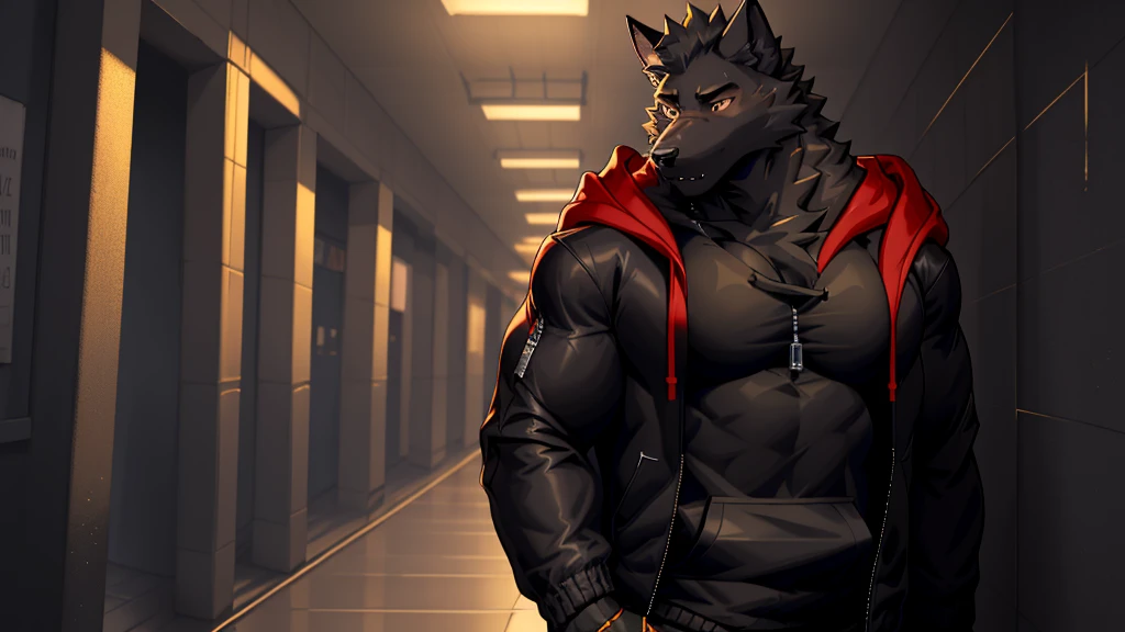 Black Wolf , alone, looking at the audience, shirt, 1 boy, jacket, male focus, open clothes, hood, black shirt, hoodie, muscular, chest muscles, muscular male, only, hooded jacket, sharp nails, normal school corridor as a background, day, sunny, black fur, school, student, alone 