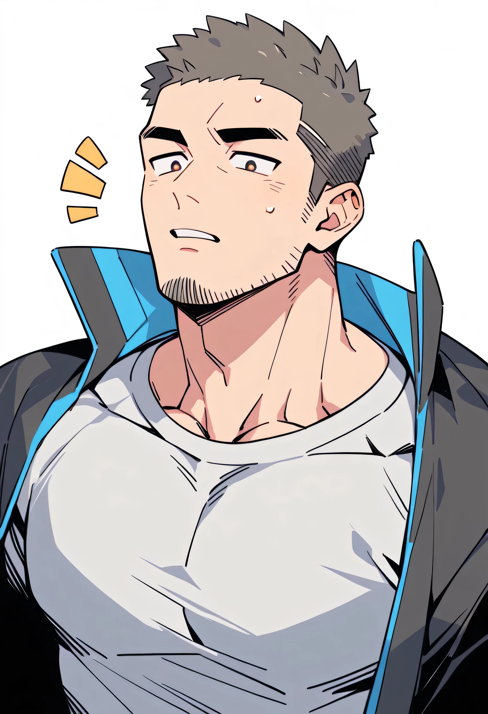anime characters:Priapus, Muscle Sports Student, Buzz Cut, Manliness, male focus, Light Grey high collar long sleeve tight T-shirt, Very tight, Round, full and perky chest muscles, muscular male, muscular, only, Upper body, alone, Black short hair, Thick eyebrows, stubble, Brown-red pupils, White background, simple background, amazing quality, best aesthetics, Ridiculous, crew cut, parted lips, flustered, endured face, best quality