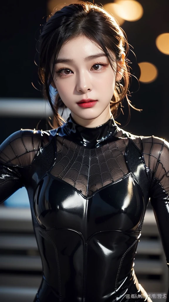 tmasterpiece,1 Chinese girl，realisticlying，8K  UHD，high high quality，in the background bokeh, white and black spider-man suit，Spidey，Clothes wrap around the whole body，Tight clothing，Abs contour，Short black hair，s the perfect face，shining face，Ultra-clear face，Elaborate Eyes，idoly