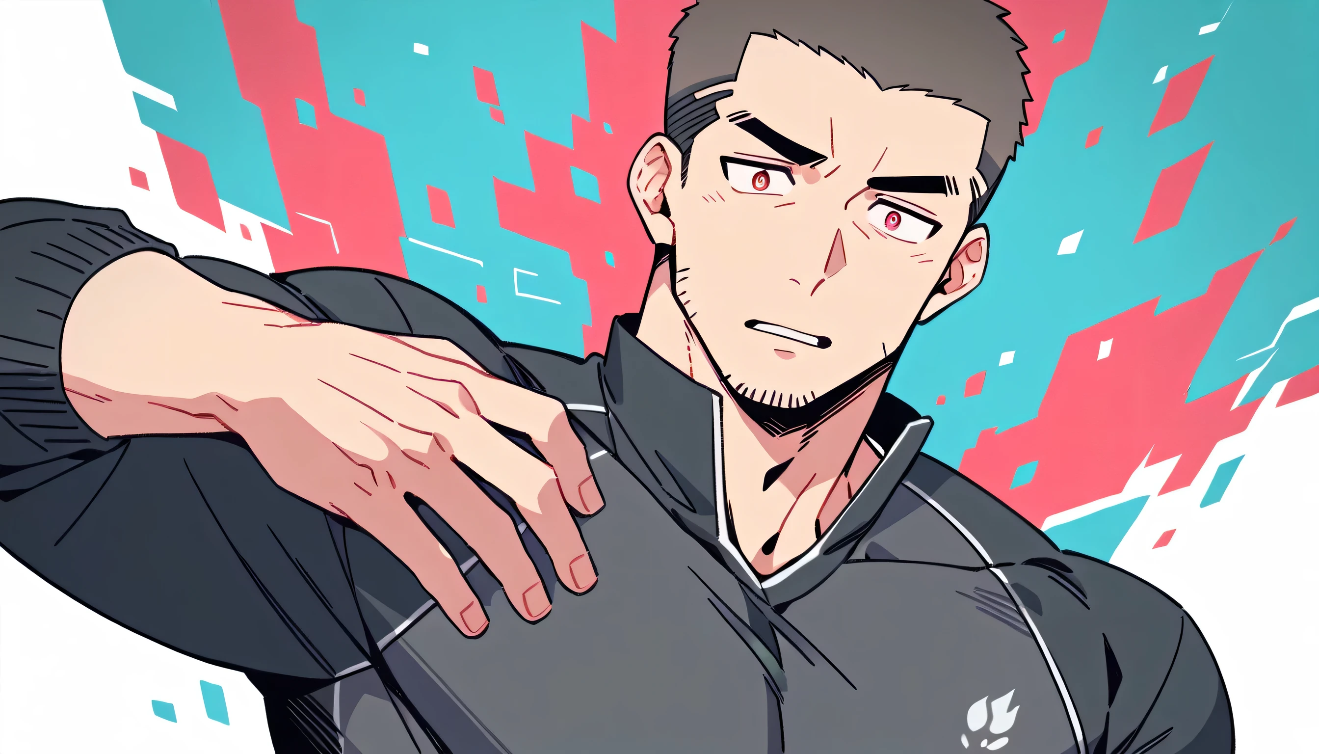 anime characters：Priapus, Muscle Sports Student, Buzz Cut, Manliness, male focus, Light Grey high collar long sleeve tight T-shirt, Very tight, Round, full and perky chest muscles, muscular male, muscular, only, Upper body, alone, Black short hair, Thick eyebrows, stubble, Brown-red pupils, White background, simple background, amazing quality, best aesthetics, Ridiculous, crew cut, parted lips, flustered, endured face, best quality