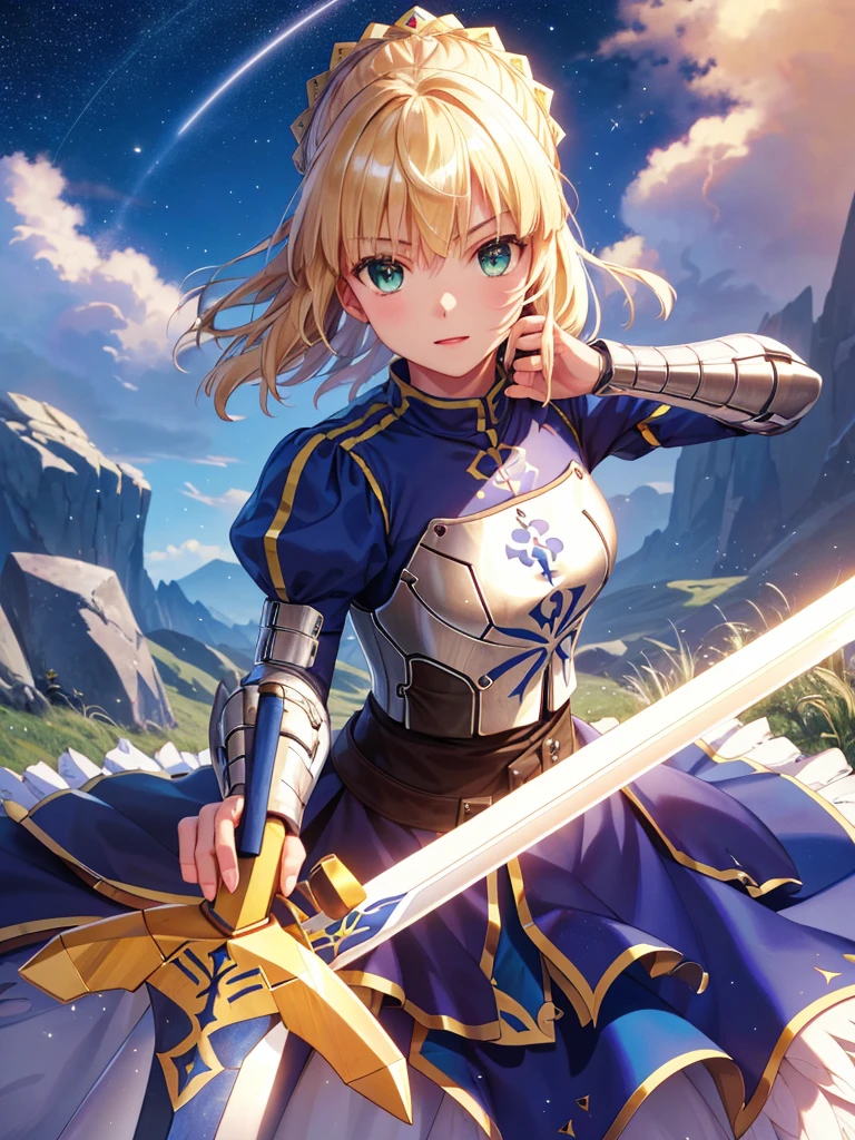 (masterpiece:1.4), (Highest quality:1.4), Realistic, One girl, Artoria Pendragon, armor,, (destiny/Stay Night\), Glowing Sword, High resolution, Cowboy Shot, Outdoor, unity 8k wallpaper, (figure:0.8), (Beautiful attention to detail:1.6), Highly detailed face, Perfect lighting, Highly detailed CG, (3D Face:1.1), (Shiny skin:1.5), (超High resolution intricate face details), (Facial skin pores:1.3), 超High resolution cloth texture, (Canon EOS-1D X Mark III camera for outstanding detail:1.2), (Combined with Canon EF24-70mm f/2.8L II USM Lens:1.2), (He has the great sword Excalibur:1.3), Trenches on a war-torn battlefield, Barbed wire in the background, Coming under attack, Thundercloud, heroism, Movie-like atmosphere