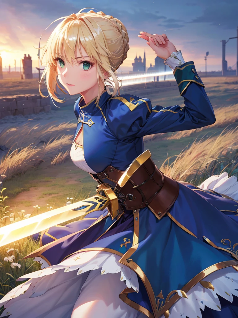 (masterpiece:1.4), (Highest quality:1.4), Realistic, One girl, Artoria Pendragon, armor,, (destiny/Stay Night\), Glowing Sword, High resolution, Cowboy Shot, Outdoor, unity 8k wallpaper, (figure:0.8), (Beautiful attention to detail:1.6), Highly detailed face, Perfect lighting, Highly detailed CG, (3D Face:1.1), (Shiny skin:1.5), (超High resolution intricate face details), (Facial skin pores:1.3), 超High resolution cloth texture, (Canon EOS-1D X Mark III camera for outstanding detail:1.2), (Combined with Canon EF24-70mm f/2.8L II USM Lens:1.2), (He has the great sword Excalibur:1.3), Trenches on a war-torn battlefield, Barbed wire in the background, Coming under attack, Thundercloud, heroism, Movie-like atmosphere