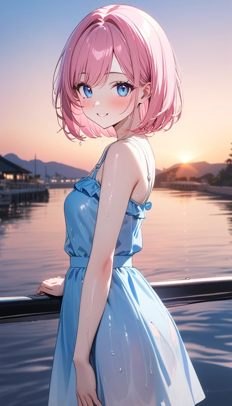 (1 girl),(Best Picture Quality, 8K, Masterpiece:1.3), (high school student:1.5), ((pink lob hair:1.1)), (bob cut),(swept bangs), (cute eyes, pupil black, iris skyblue, youthful face), (mole under right eye), (standard weight), (small breasts), (glistening skin:1.1),(pale skin:1.2),((Gyaru fashion:1.3)),(wet:1.3),((summer scene:1.2)),(magnificent view),(overlooking),(Smile).