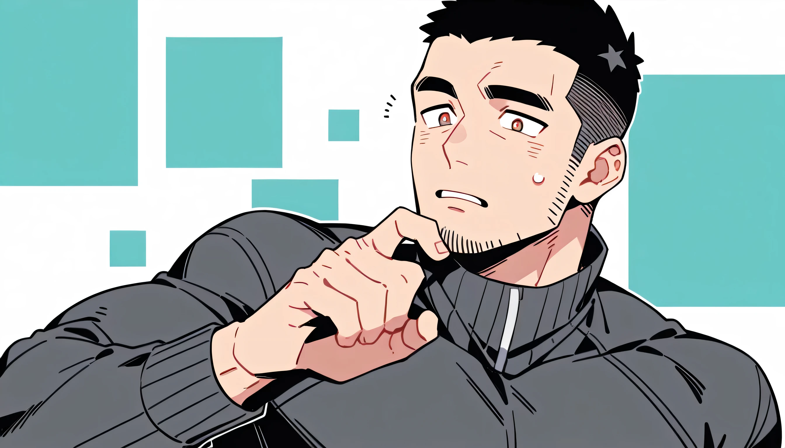 anime characters：Priapus, Muscle Sports Student, Buzz Cut, Manliness, male focus, Light Grey high collar long sleeve tight T-shirt, Very tight, Round, full and perky chest muscles, muscular male, muscular, only, Upper body, alone, Black short hair, Thick eyebrows, stubble, Brown-red pupils, White background, simple background, amazing quality, best aesthetics, Ridiculous, crew cut, parted lips, flustered, endured face, best quality