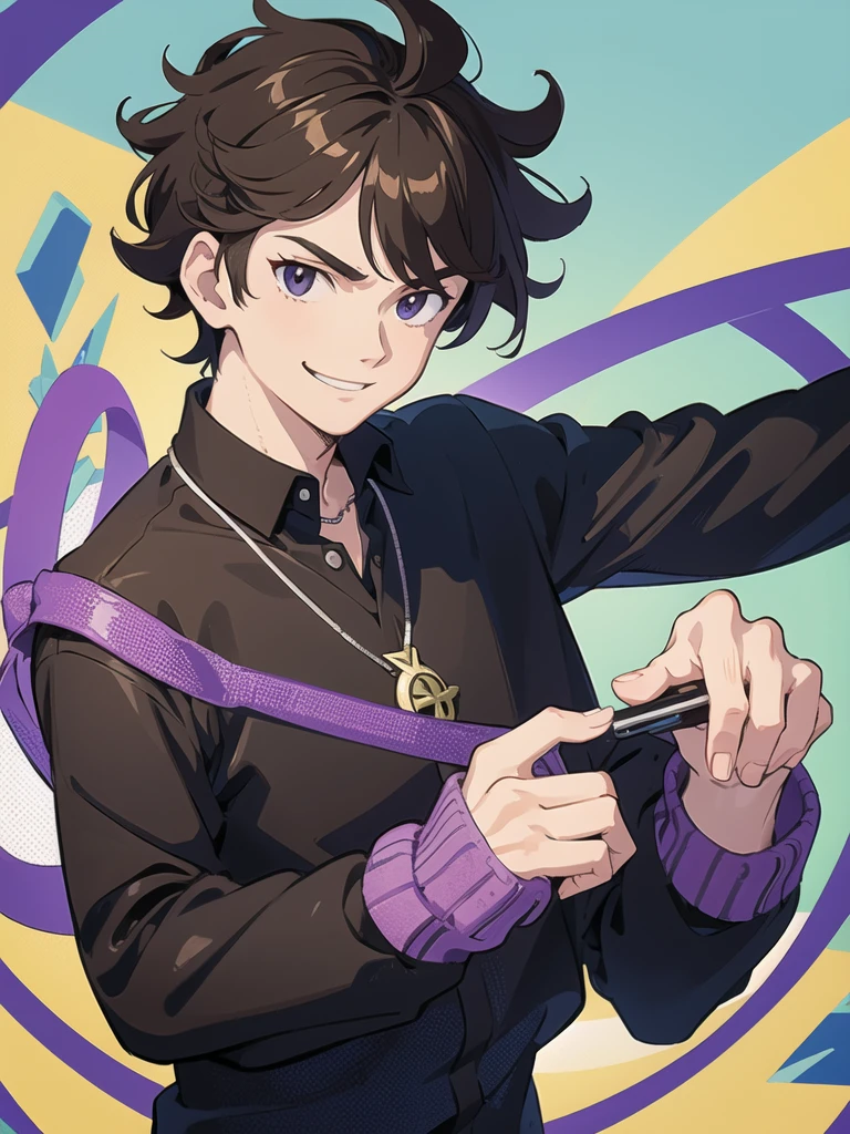 (masterpiece, best quality:1.2),1boy,solo,Gary Oak \(pokemon\),black outline,black eyes,brown hair,purple shirt,long sleeves,looking at viewer,smile,spiked hair,pendant