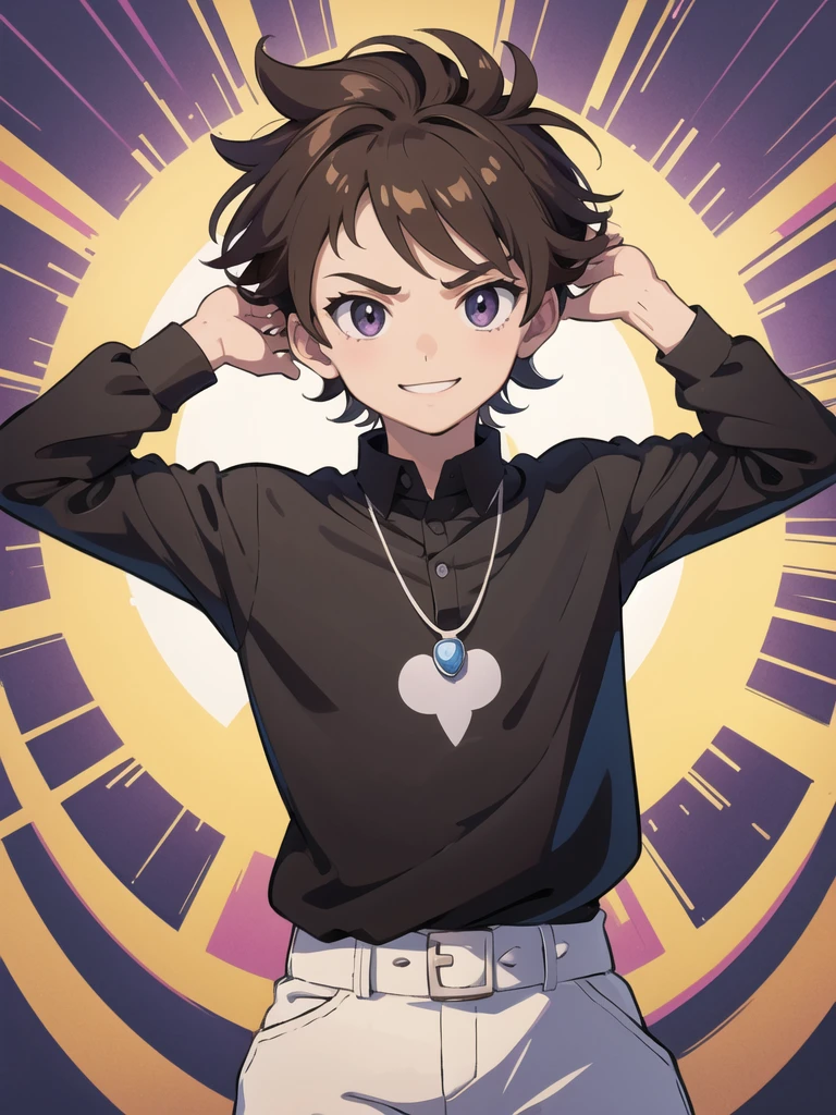 (masterpiece, best quality:1.2),1boy,solo,Gary Oak \(pokemon\),black outline,black eyes,brown hair,purple shirt,long sleeves,looking at viewer,smile,spiked hair,pendant
