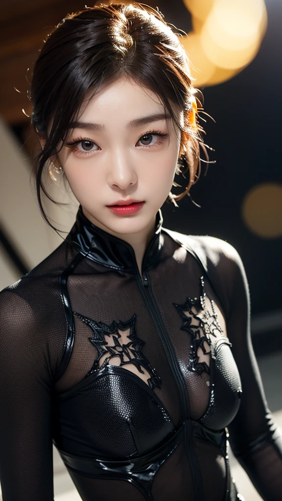 tmasterpiece,1 Chinese girl,realisticlying,8K UHD,high high quality,in the background bokeh, white and black spider-man suit,Spidey,Clothes wrap around the whole body,Tight clothing,Abs contour,Short black hair,s the perfect face,shining face,Ultra-clear face,Elaborate Eyes,idoly, short hair