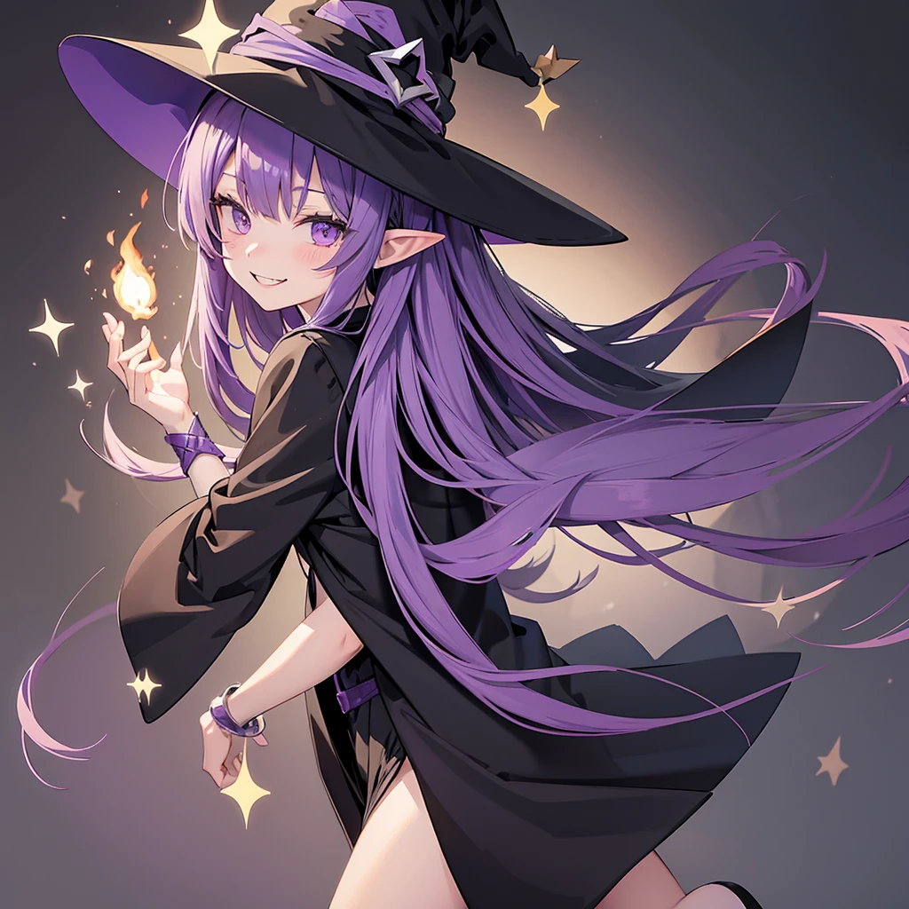 Anime girl. Long purple hair and wearing a black robe. Pointy ears. Witch hat. Cute cartoon. Illustration, alone. Looking back. Full body. About high school age. Smiling.