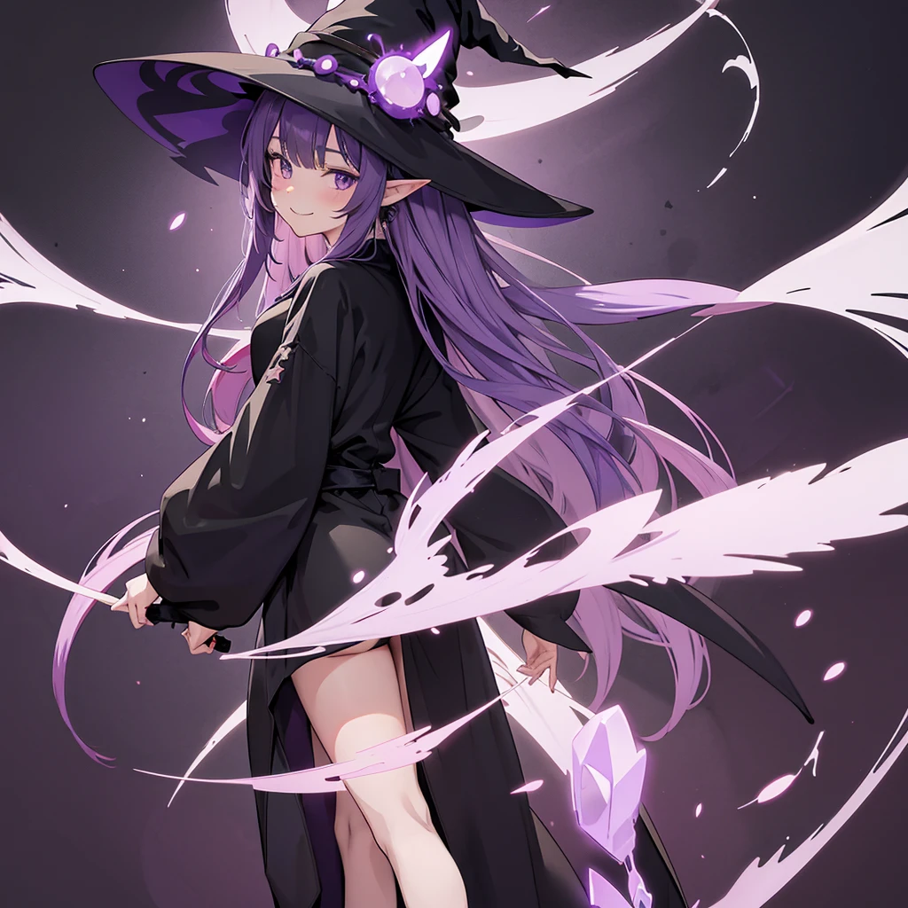 Anime girl. Long purple hair and wearing a black robe. Pointy ears. Witch hat. Cute cartoon. Illustration, alone. Looking back. Full body. About high school age. Smiling.