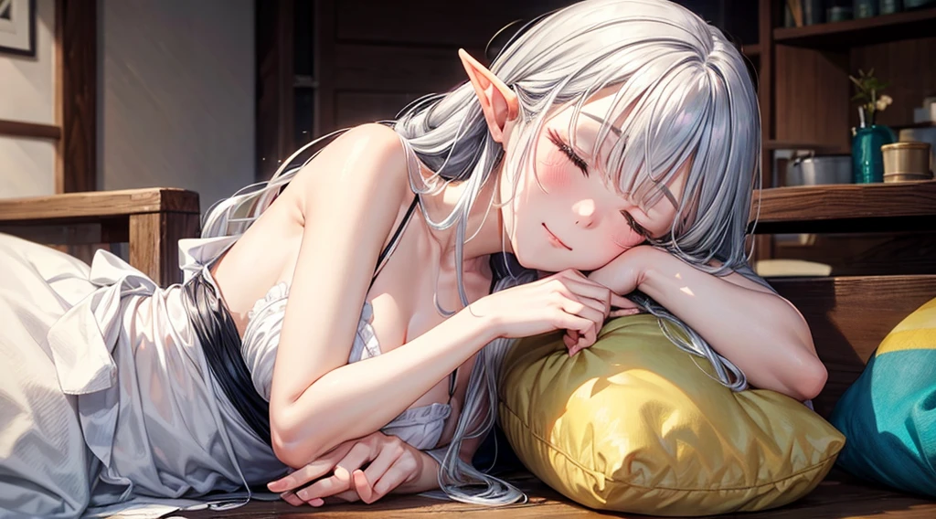 One Elf、Silver Hair、Naked Apron、living、Sleeping on a soft sofa、A comfortable sleeping face