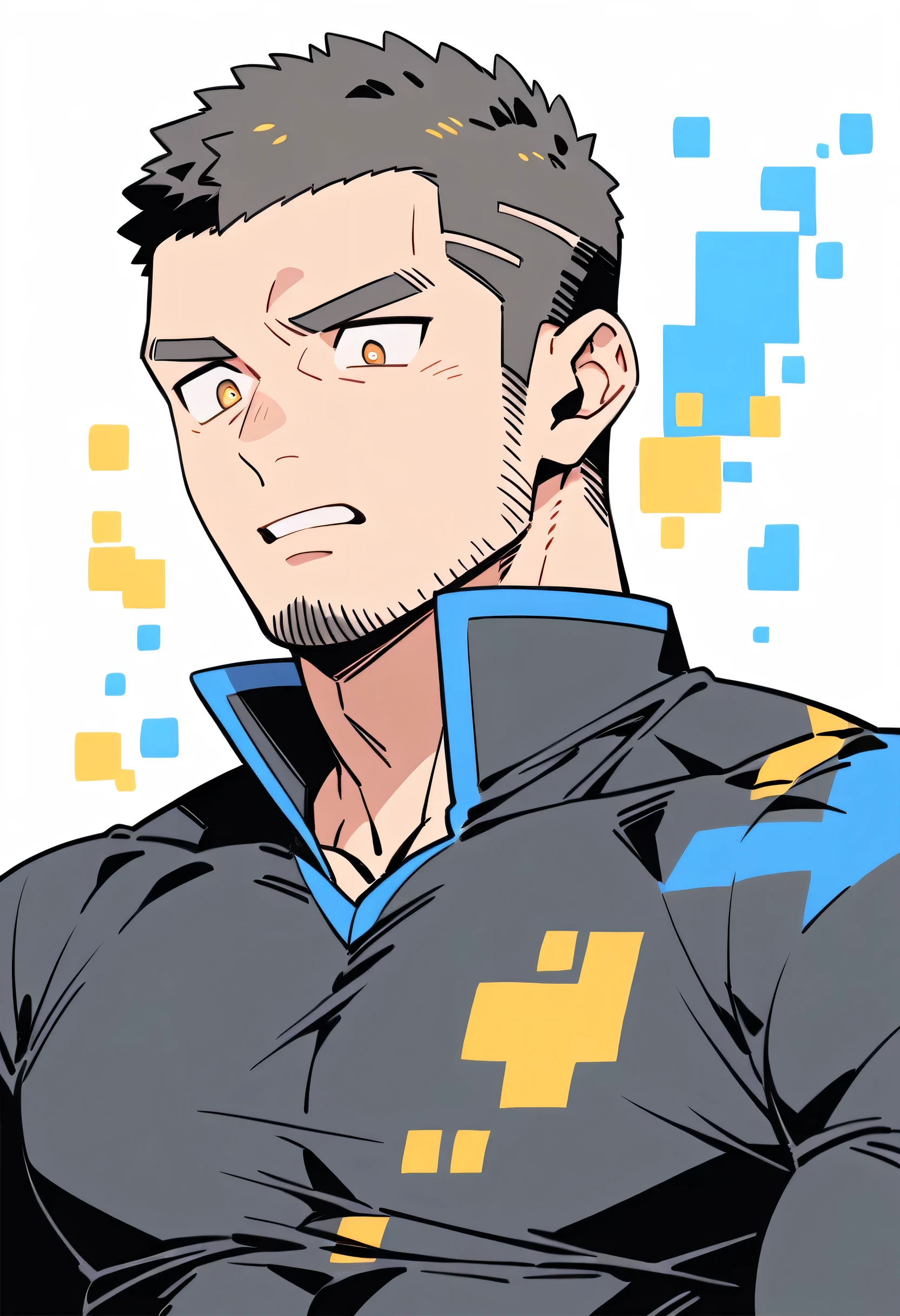 anime characters:Priapus, Muscle Sports Student, Buzz Cut, Manliness, male focus, Light Grey high collar long sleeve tight T-shirt, Very tight, Round, full and perky chest muscles, muscular male, muscular, only, Upper body, alone, Black short hair, Thick eyebrows, stubble, Brown-red pupils, White background, simple background, amazing quality, best aesthetics, Ridiculous, crew cut, parted lips, flustered, endured face, best quality